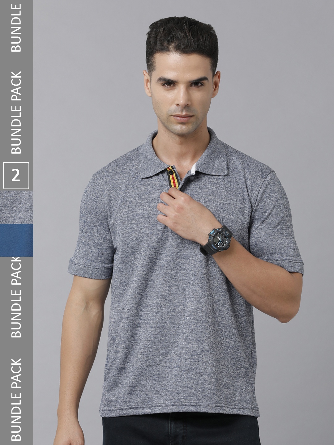 

MADSTO Men Blue & Grey Polo Collar Slim Fit T-shirt Pack of 2