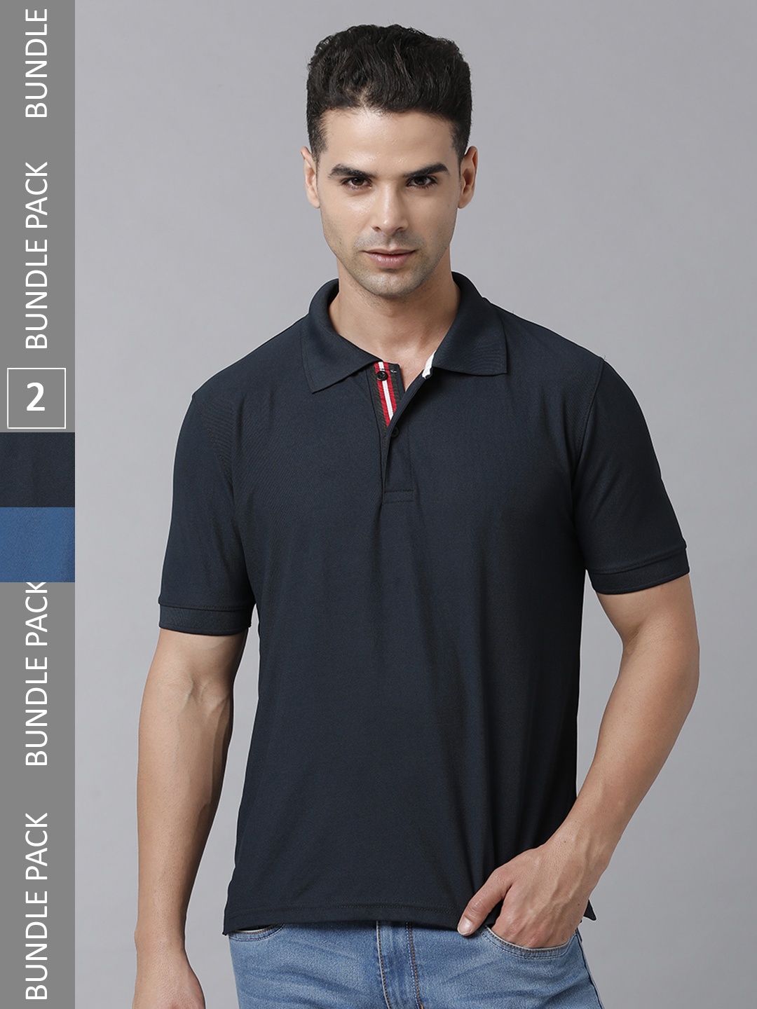 

MADSTO Men Navy Blue & Black Polo Collar Slim Fit T-shirt Pack of 2