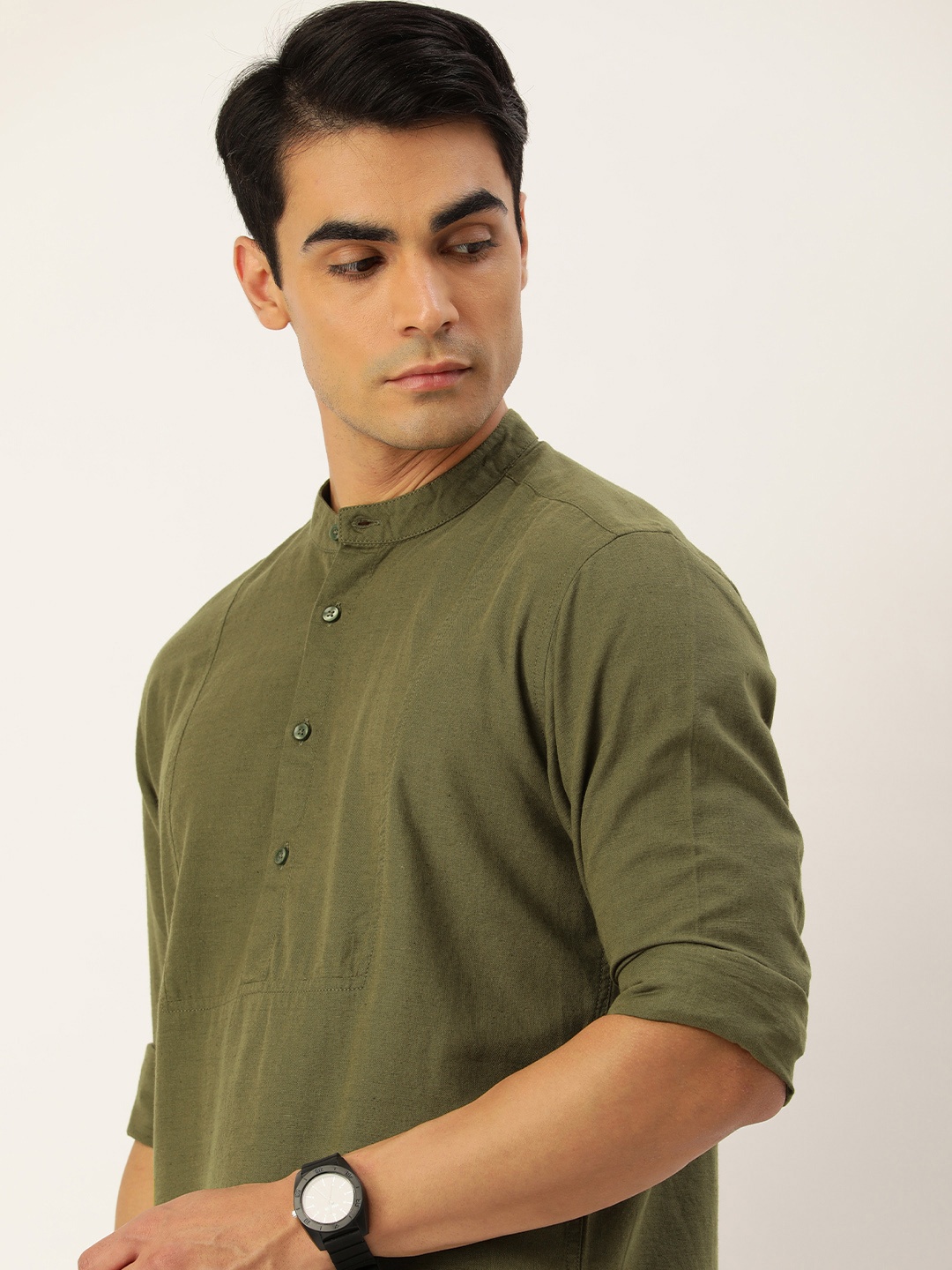 

IVOC Men Olive Green Solid Cotton Linen Kurta