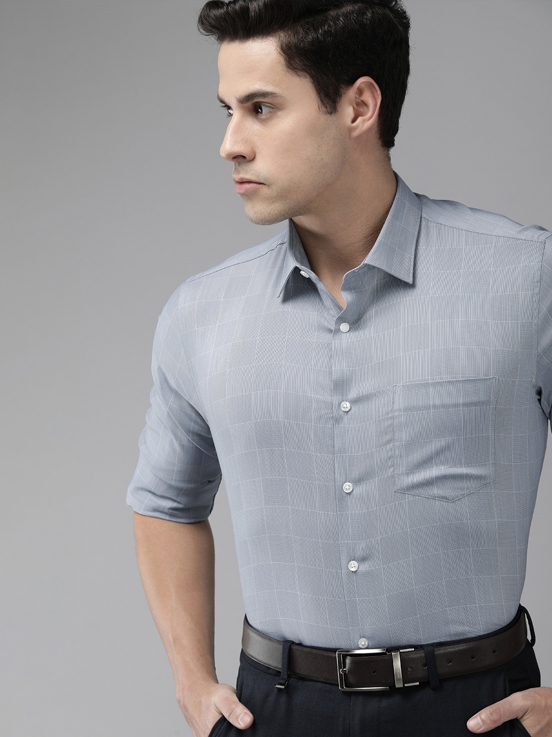 

Van Heusen Men Grey Slim Fit Grid Tattersall Checks Checked Formal Shirt