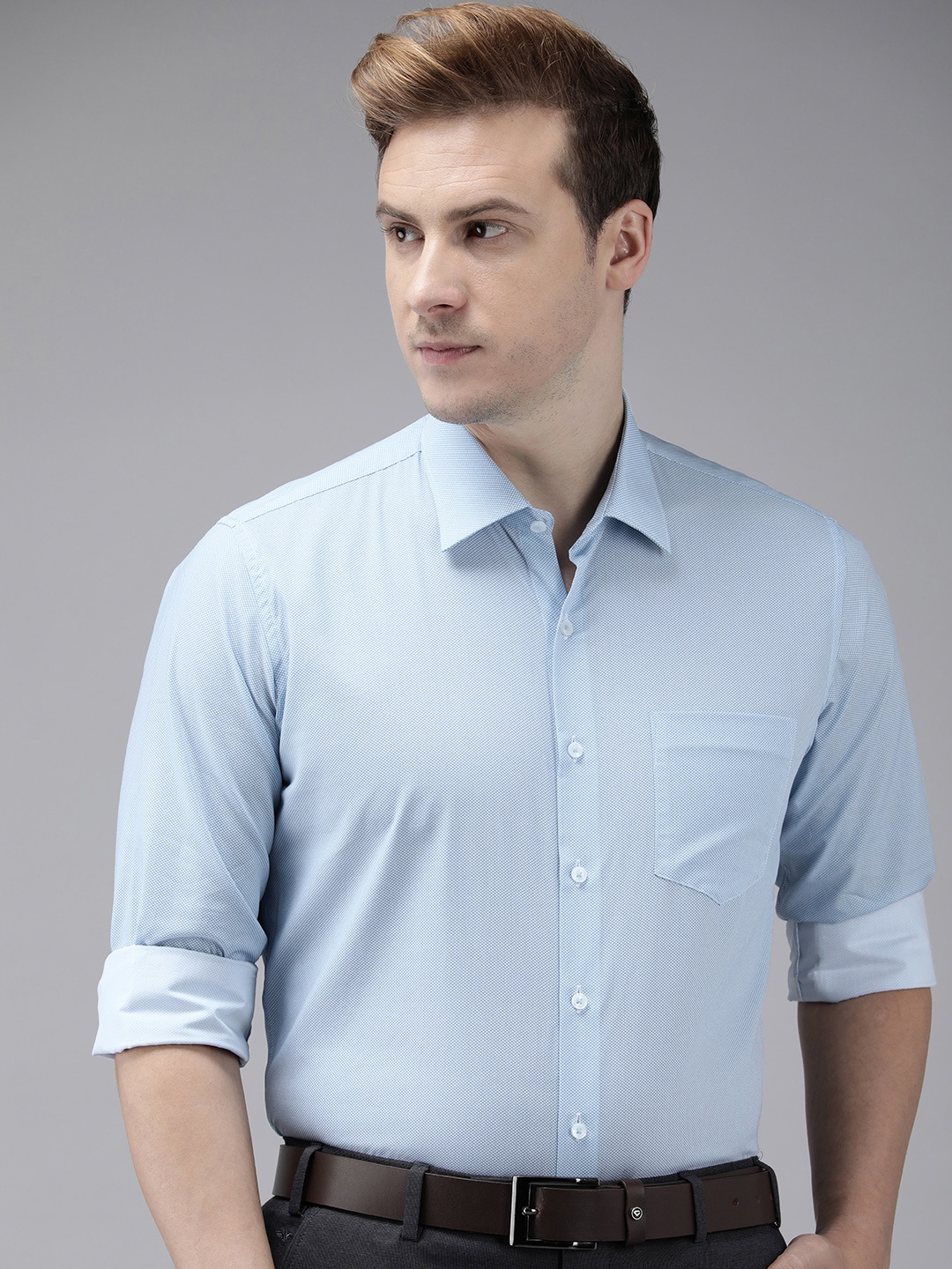 

Van Heusen Men Blue Self Design Slim Fit Pure Cotton Formal Shirt