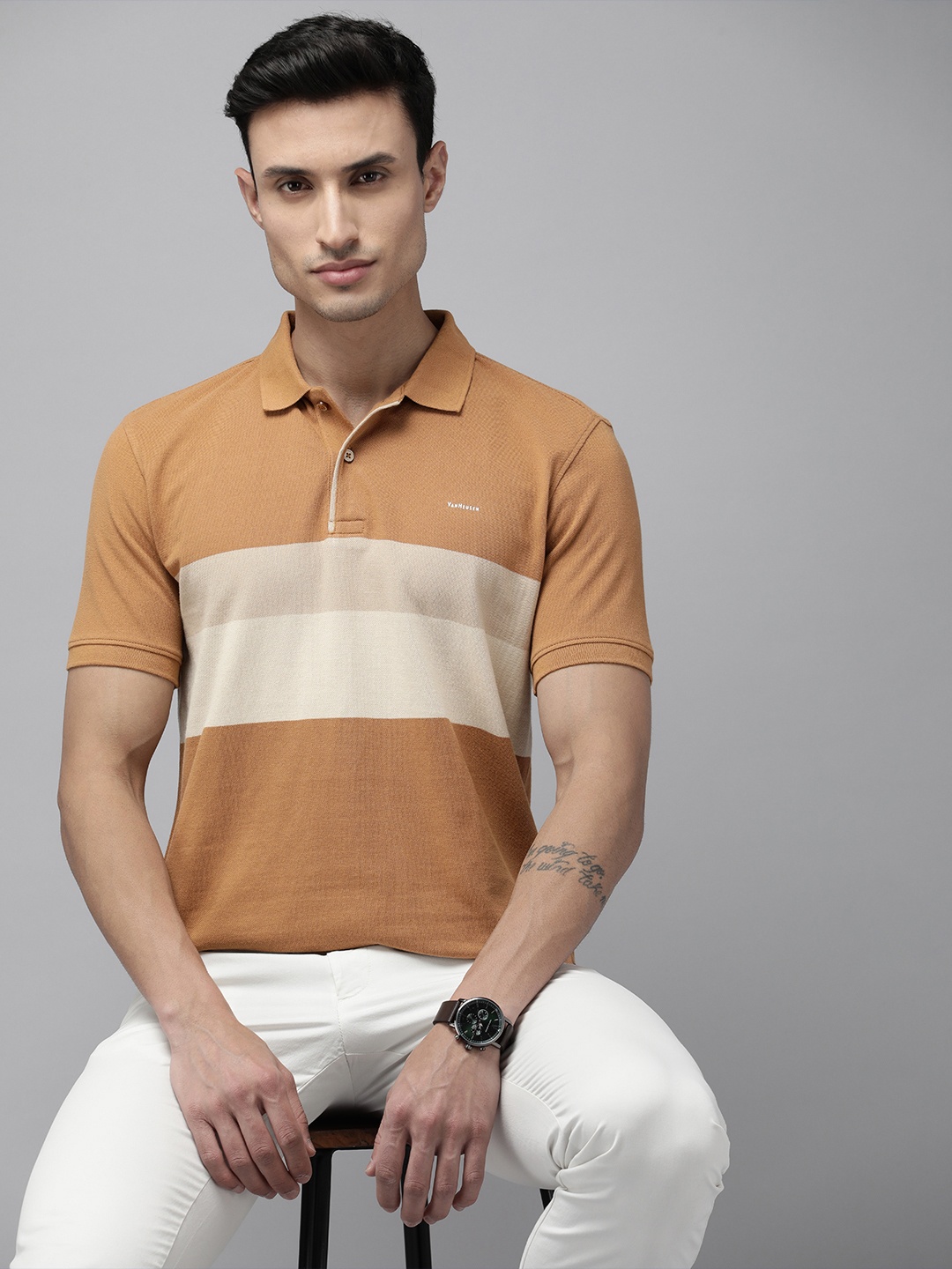 

Van Heusen Men Colourblocked Polo Collar Pure Cotton T-shirt, Camel brown