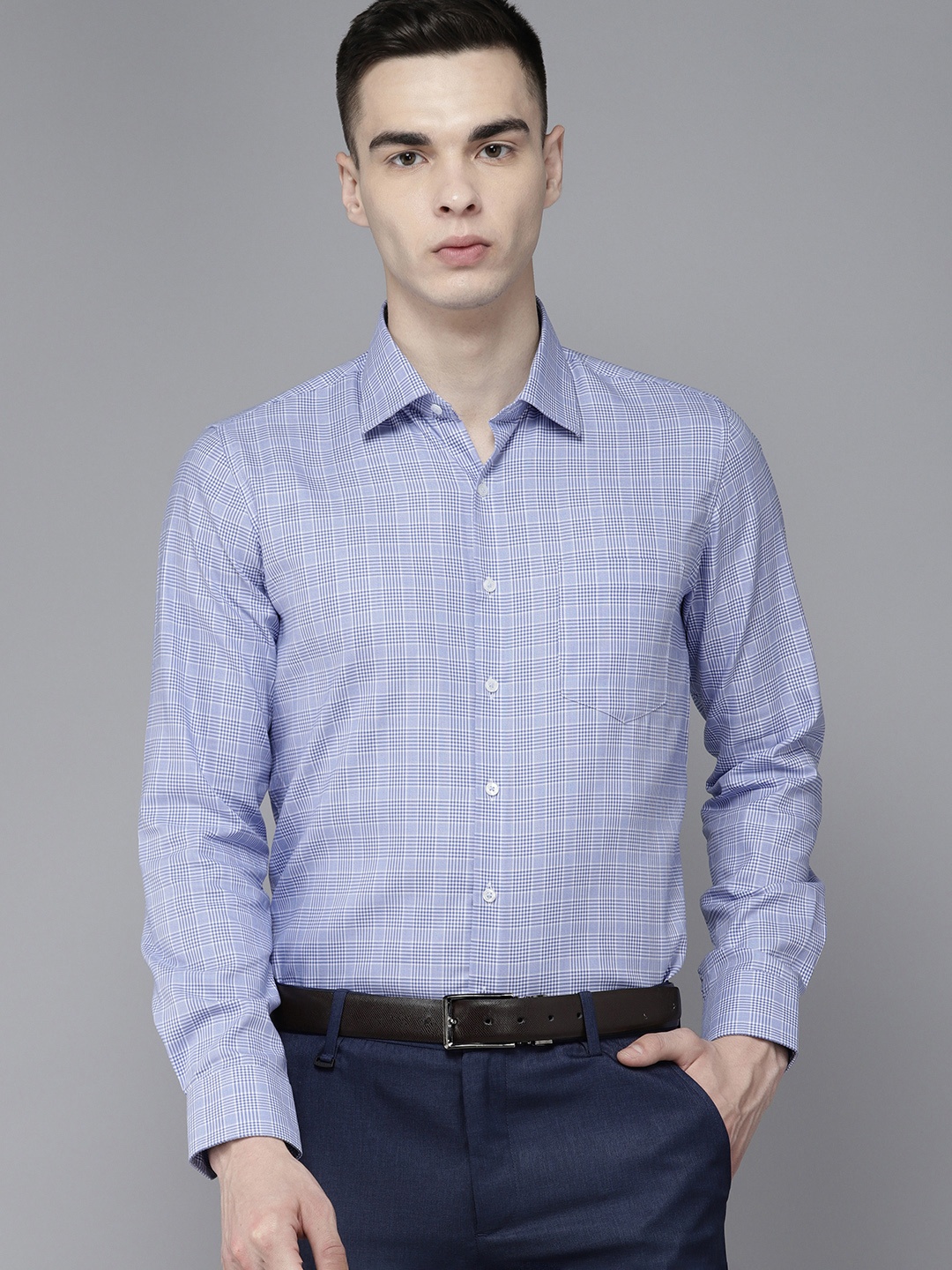 

Van Heusen Slim-Fit Grid Tattersall Checked Pure Cotton Formal Shirt, Blue