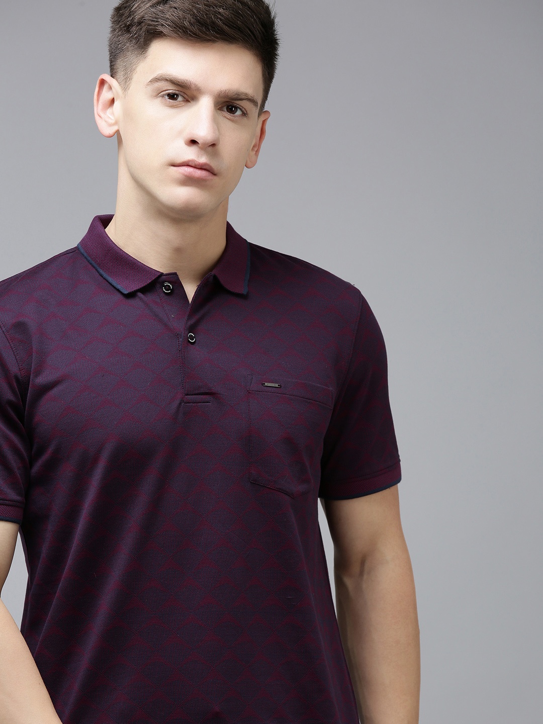 

Van Heusen Men Geometric Printed Polo Collar Pure Cotton T-shirt, Purple