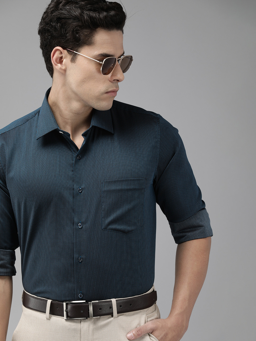 

Van Heusen Men Navy Blue Self Design Slim Fit Pure Cotton Formal Shirt