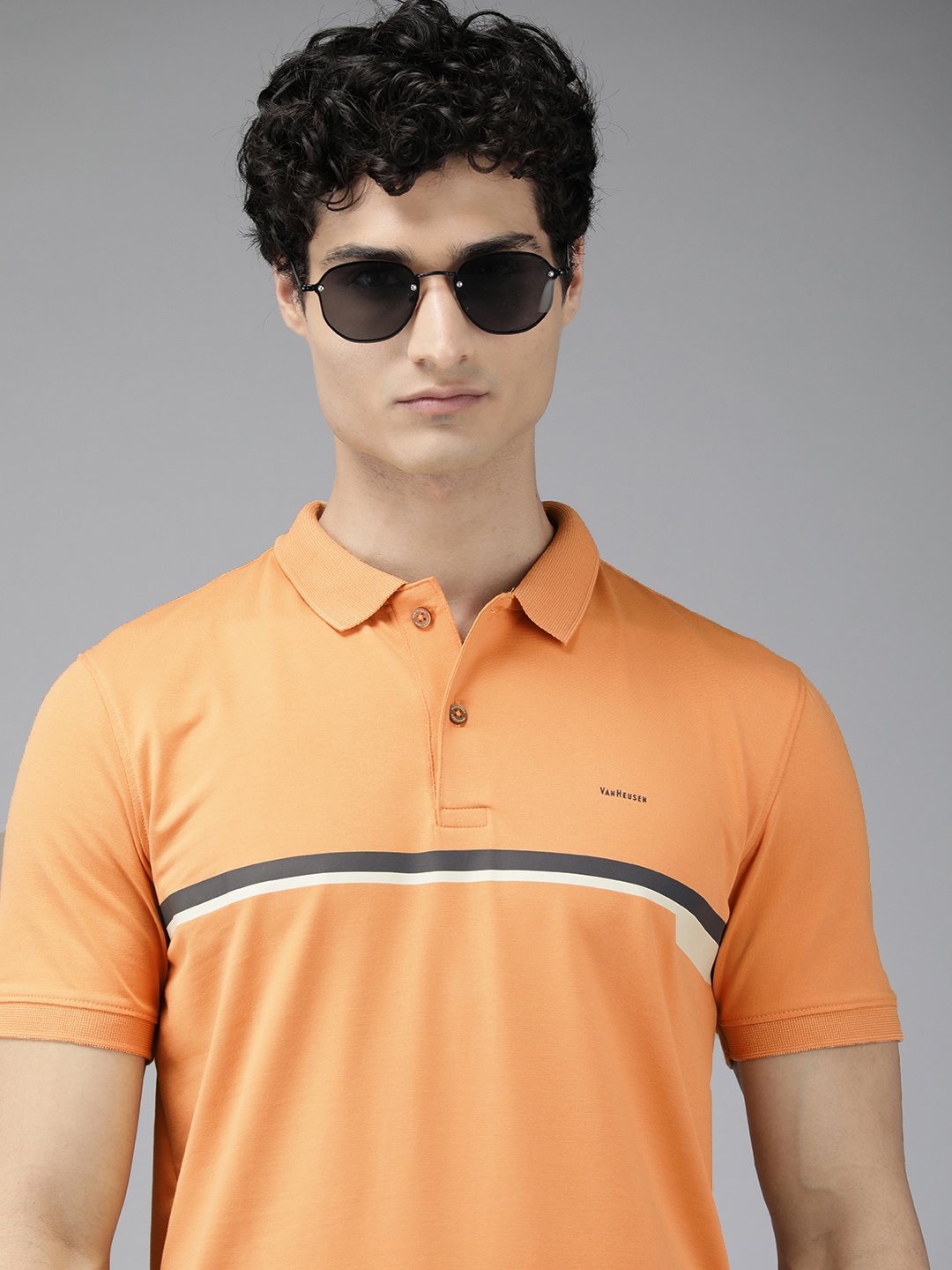 

Van Heusen Men Striped Polo Collar Slim Fit T-shirt, Orange