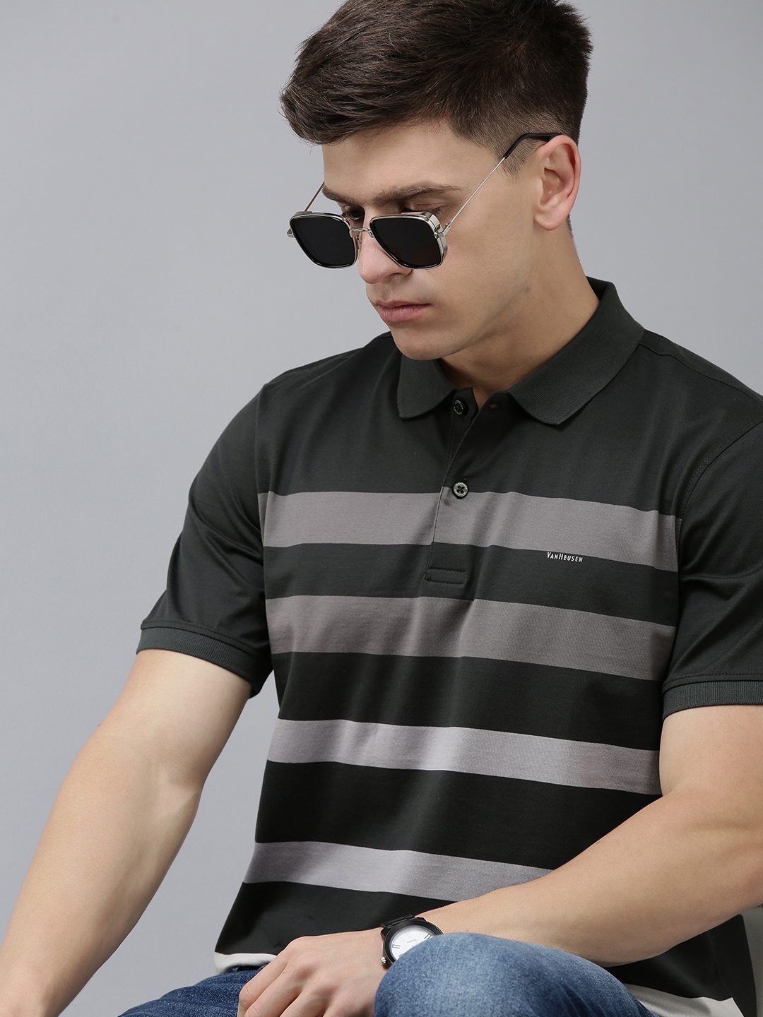 

Van Heusen Men Striped Polo Collar Pure Cotton T-shirt, Grey