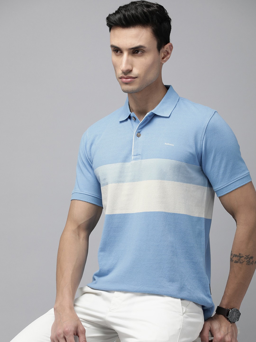 

Van Heusen Men Colourblocked Polo Collar Pure Cotton T-shirt, Blue