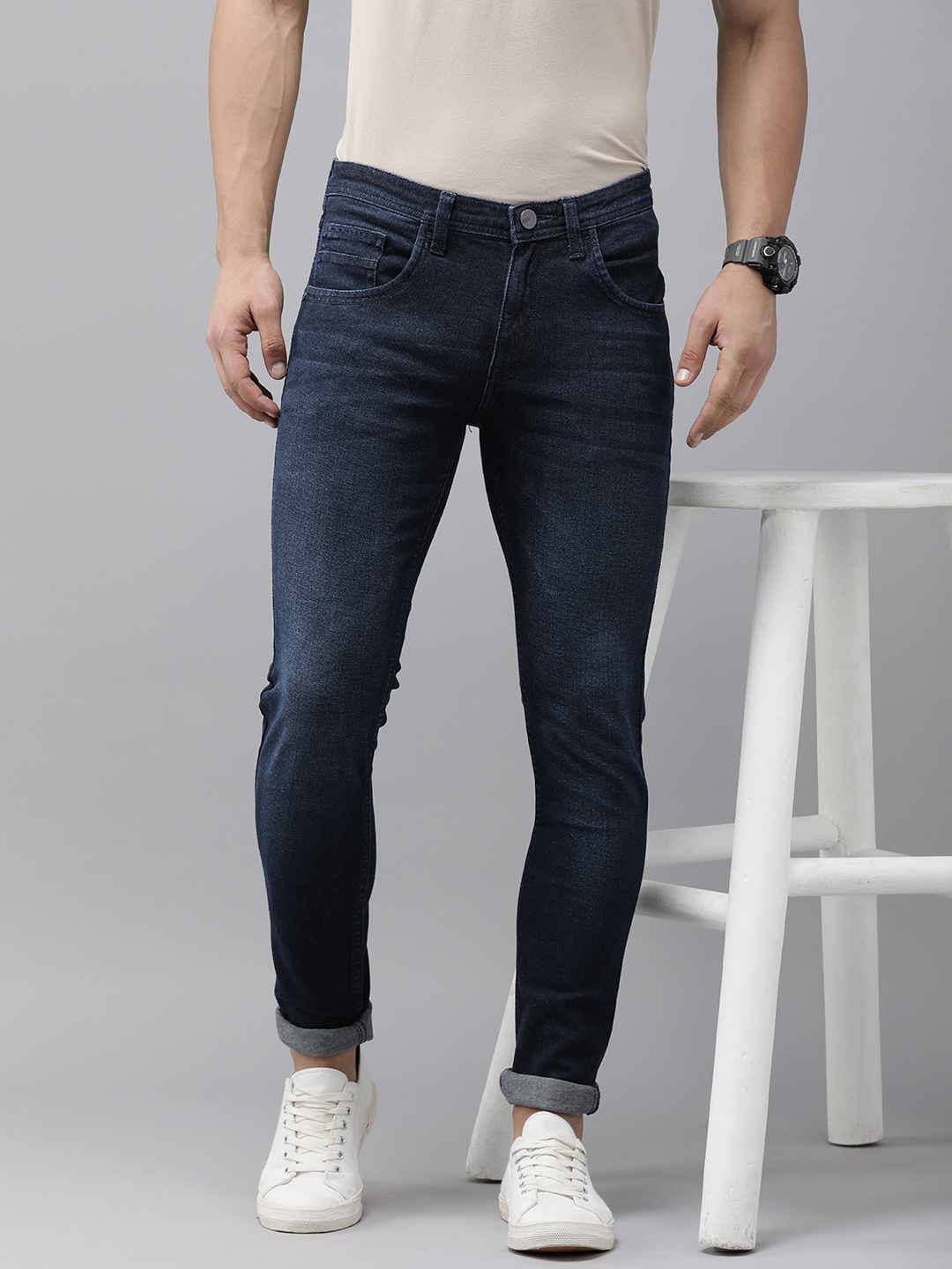 

V Dot Men Skinny Fit Light Fade Stretchable Jeans, Blue