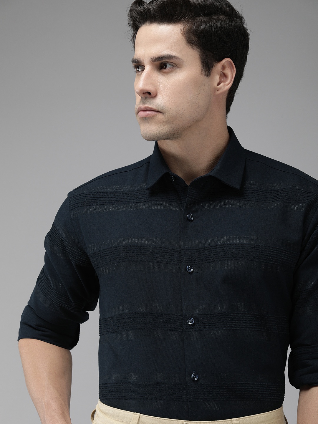 

V Dot Men Navy Blue Embroidered Self Design Slim Fit Semiformal Shirt
