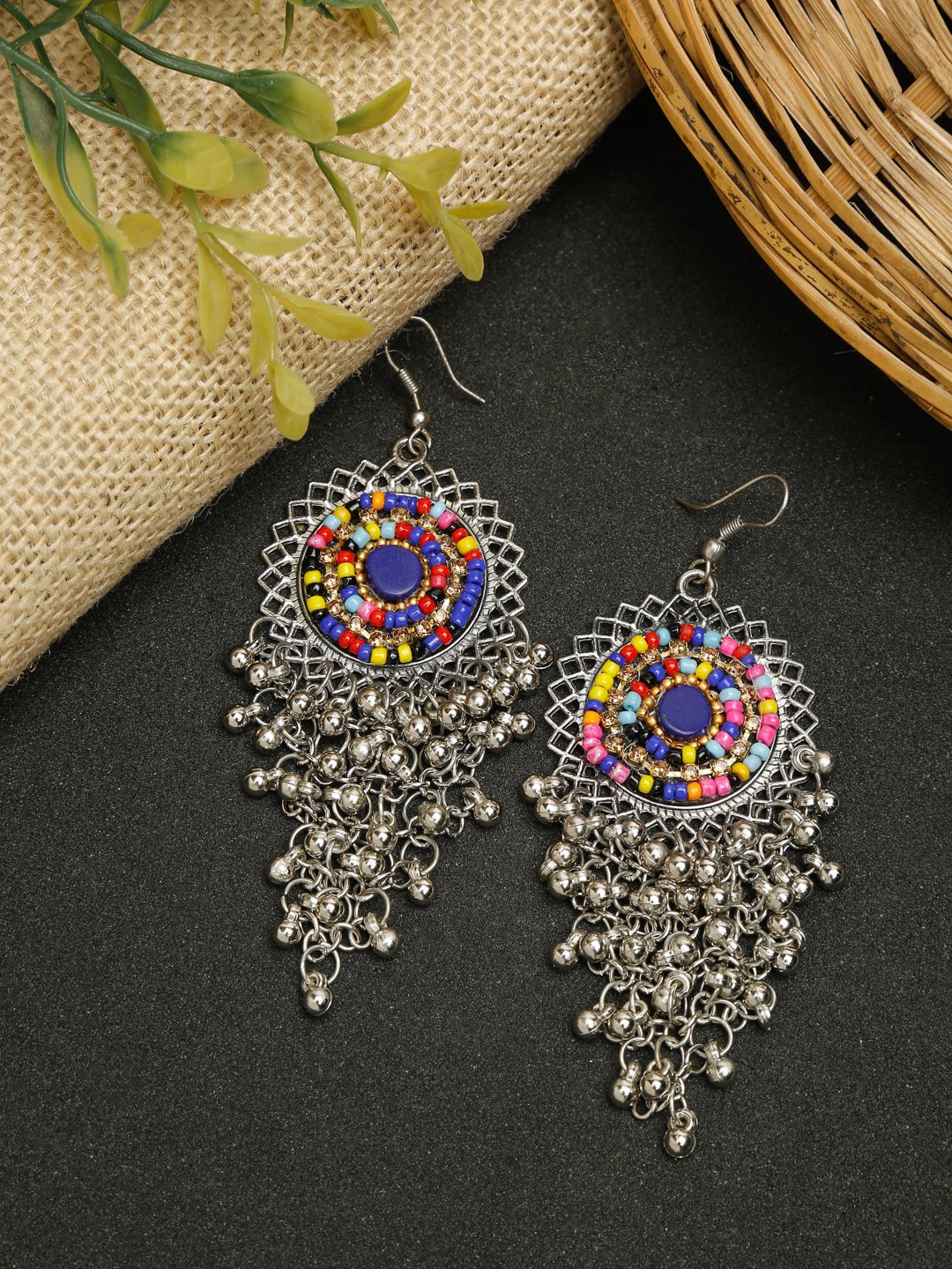 

Dhrohar Silver-Plated Oxidised Contemporary Drop Earrings