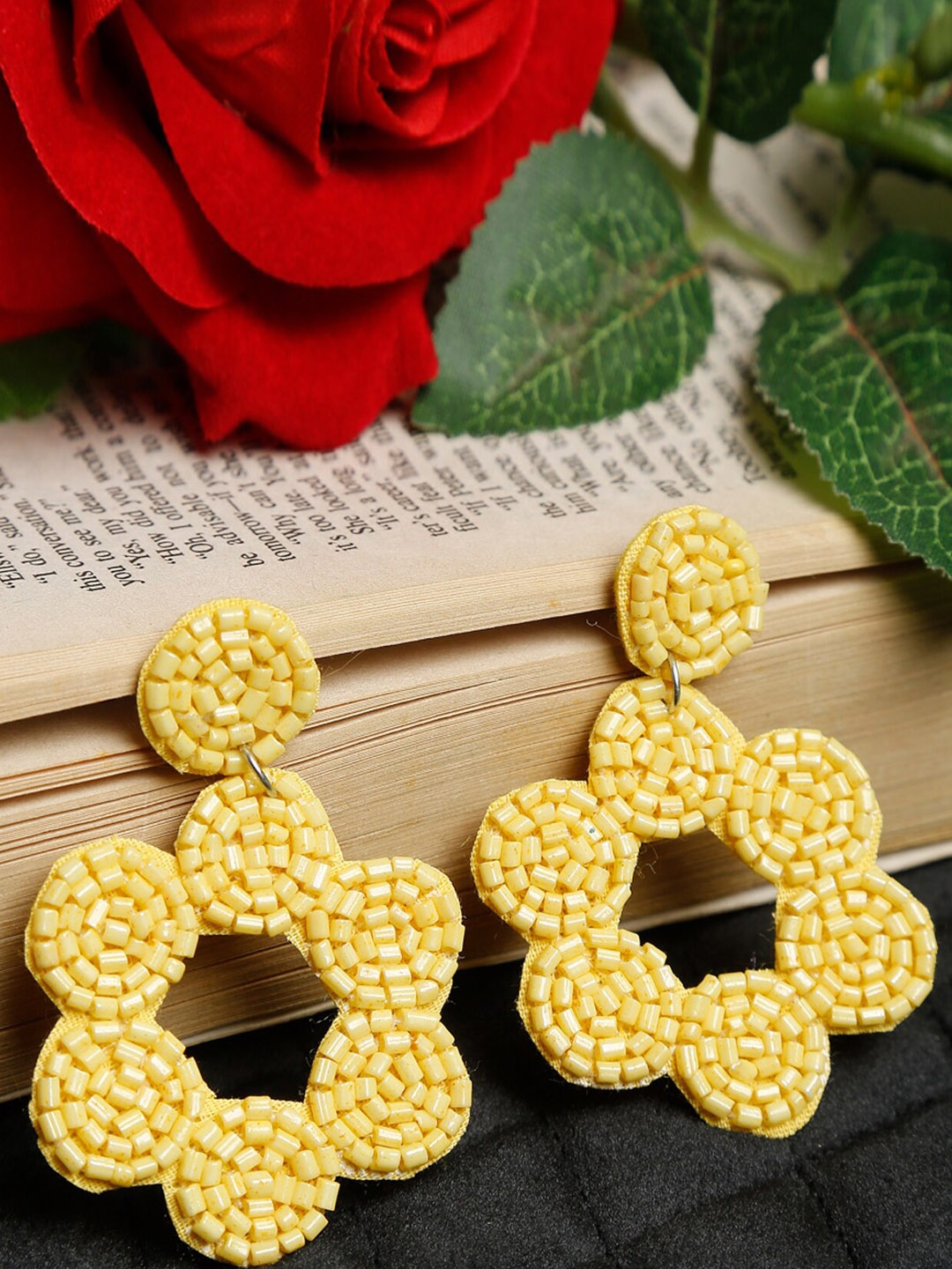 

Dhrohar Yellow Contemporary Stone Studded Drop Earrings