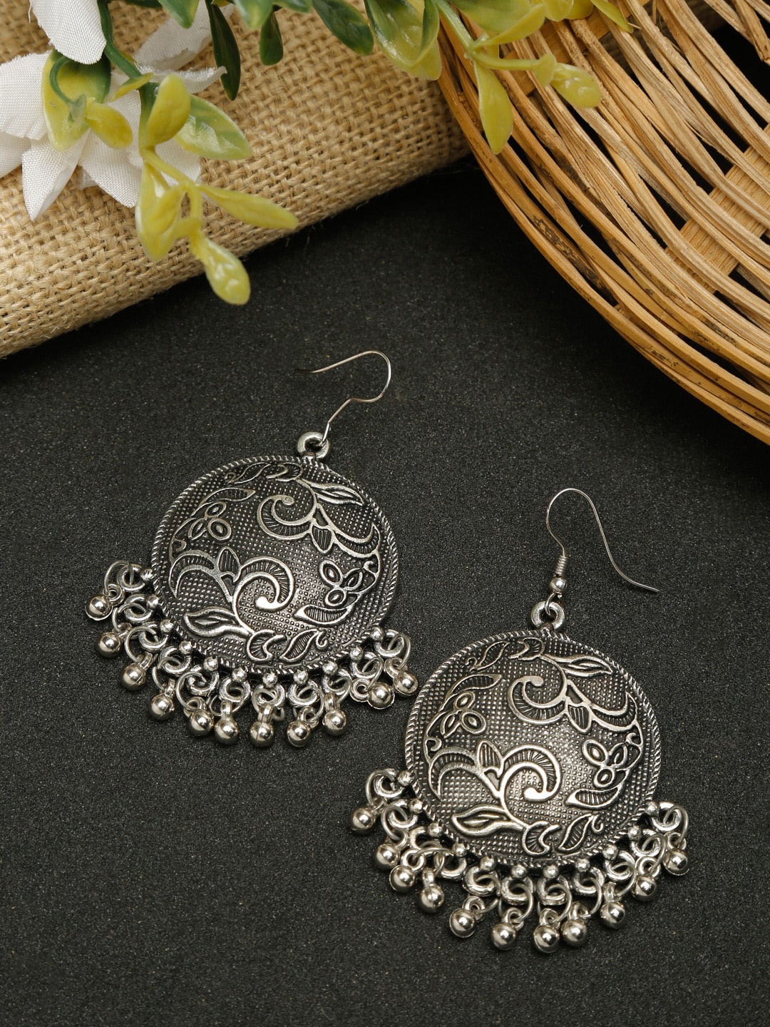 

Dhrohar Silver-Plated Oxidised Contemporary Drop Earrings