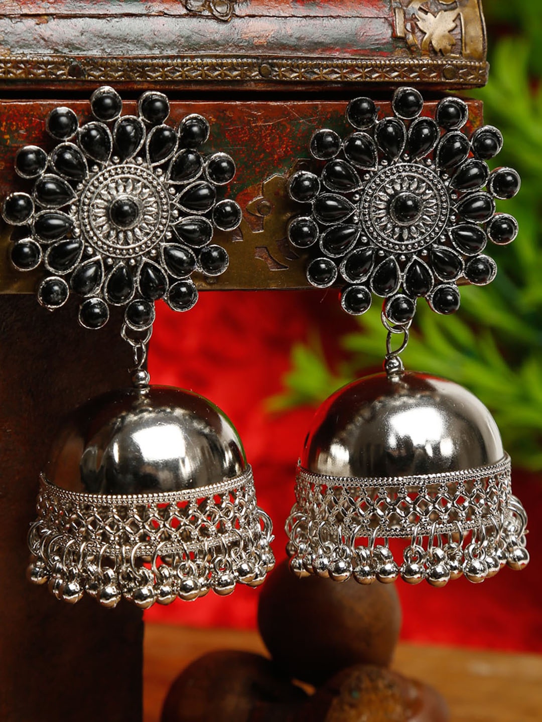 

Dhrohar Silver-Plated Oxidised Contemporary Jhumkas Earrings