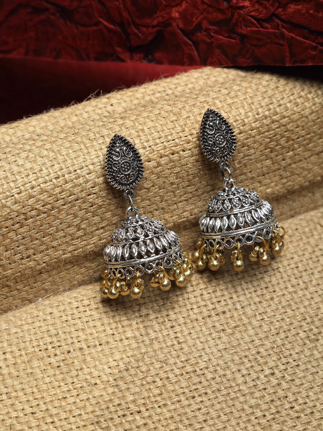 

Dhrohar Silver-Plated Oxidised Contemporary Jhumkas Earrings, Gold