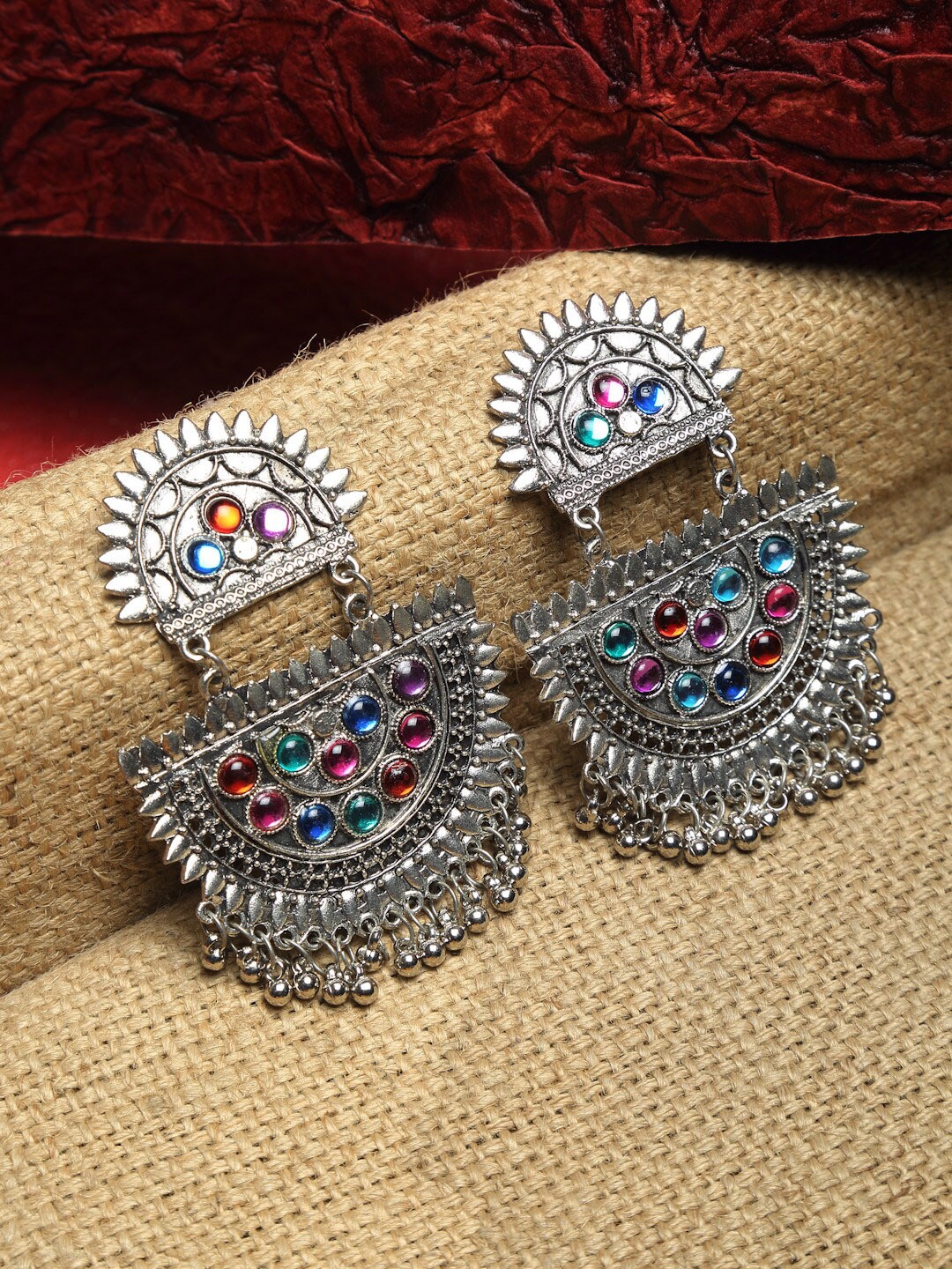 

Dhrohar Silver-Plated Oxidised Contemporary Chandbalis Earrings, Multi