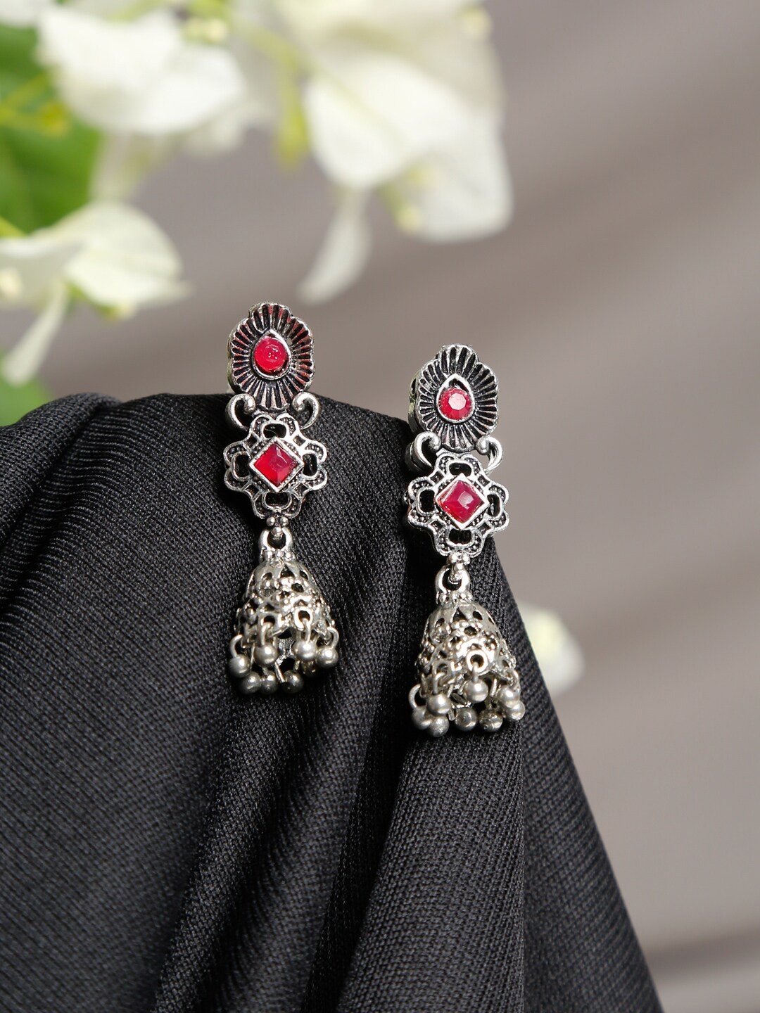 

Dhrohar Pink & Silver-Plated Oxidised Contemporary Jhumkas Earrings