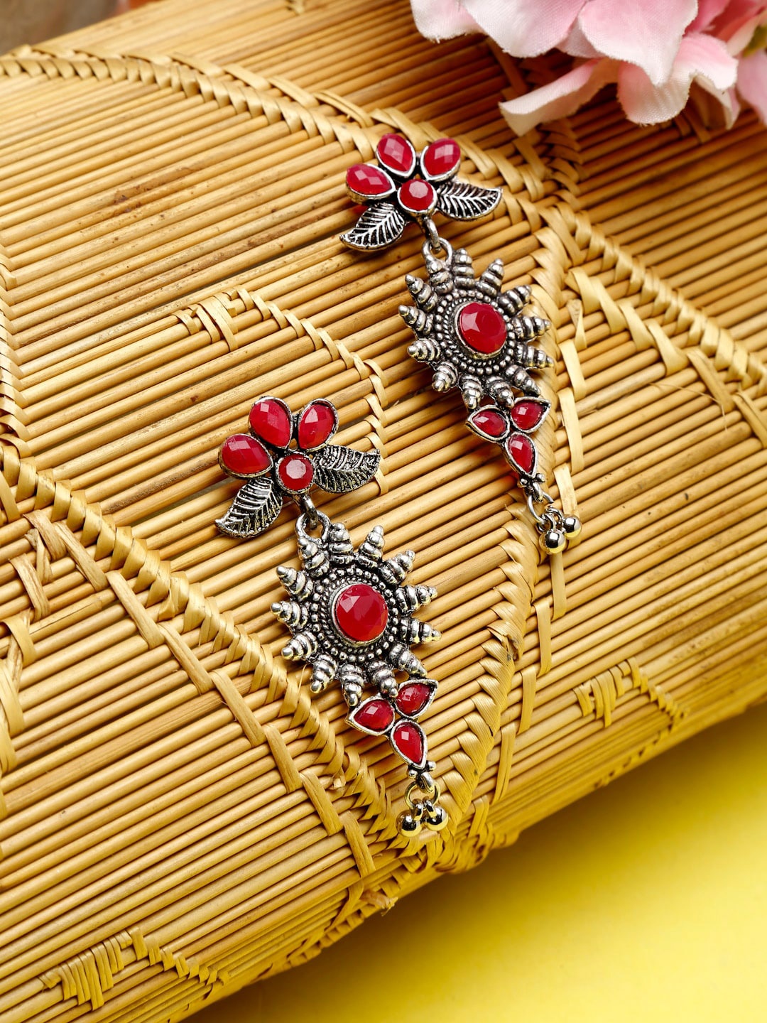 

Dhrohar Pink & Silver-Plated Oxidised Contemporary Drop Earrings