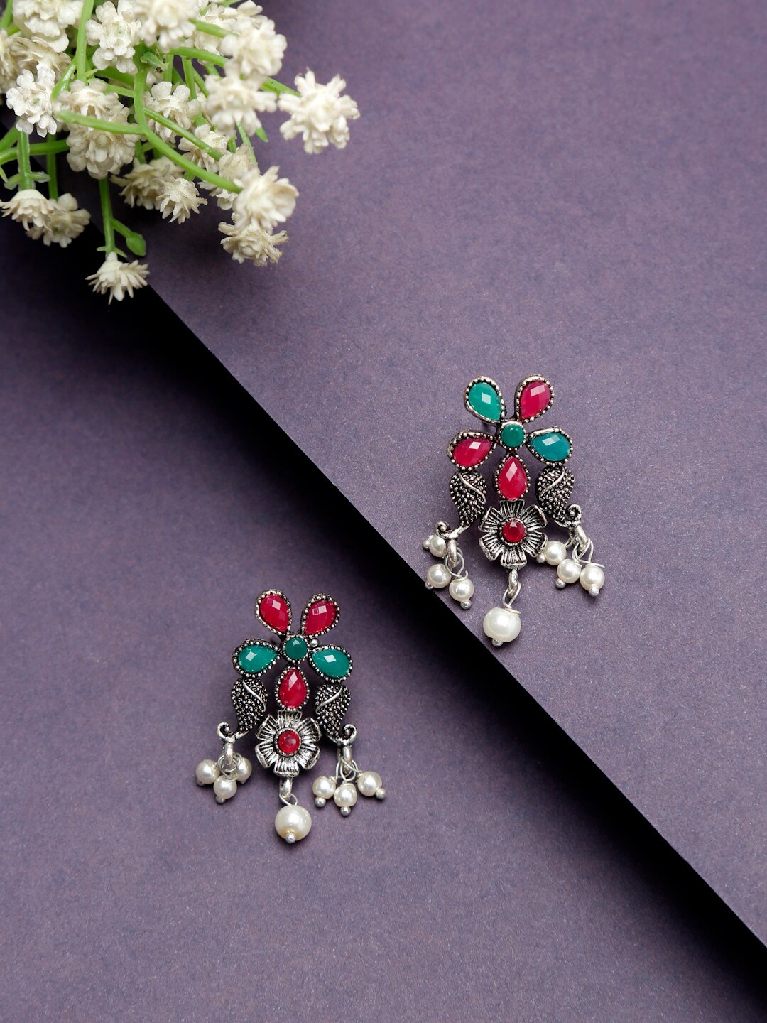 

Dhrohar Pink & Green Silver-Plated Oxidised Floral Drop Earrings