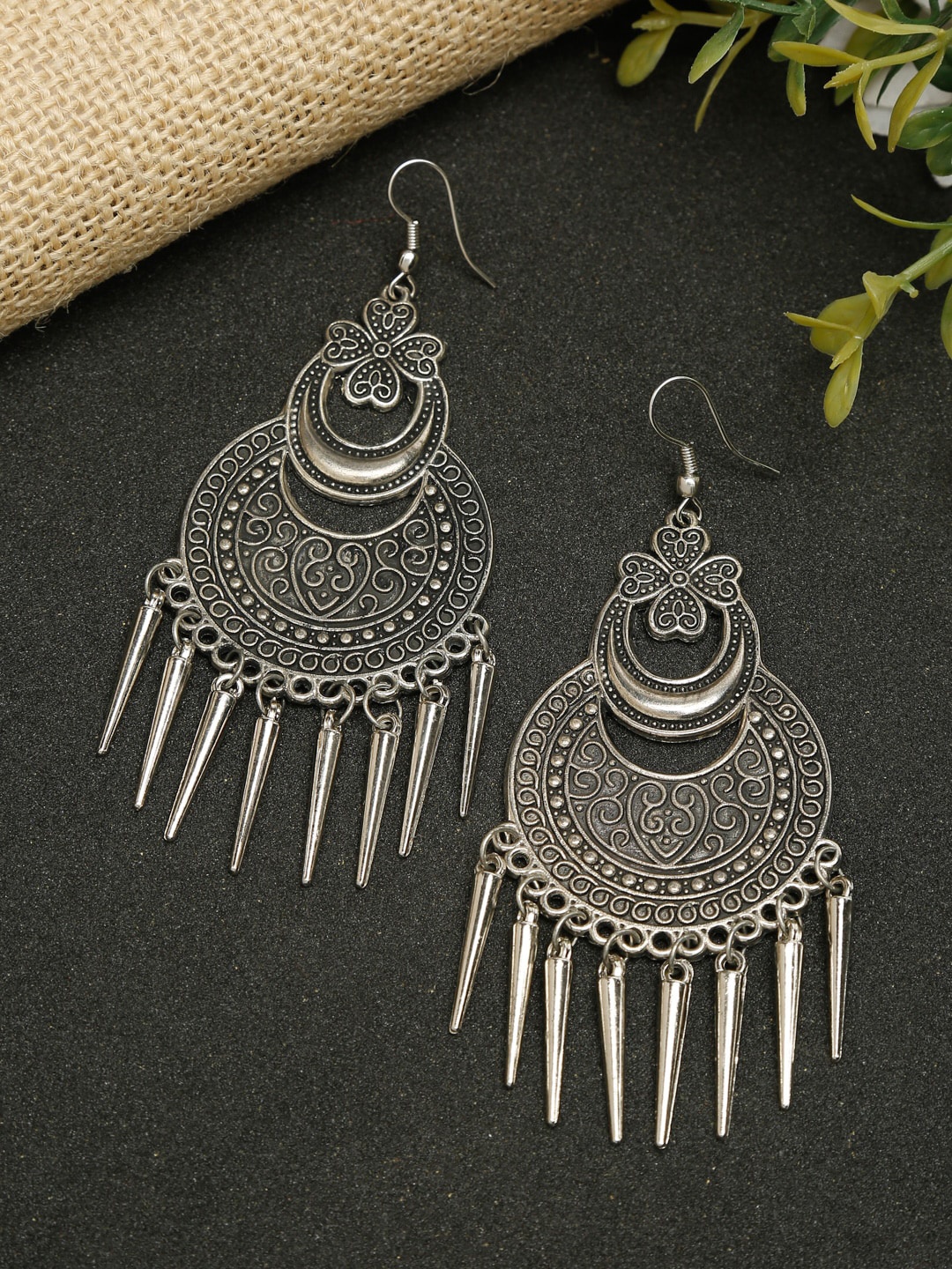 

Dhrohar Silver-Plated Oxidised Contemporary Drop Earrings