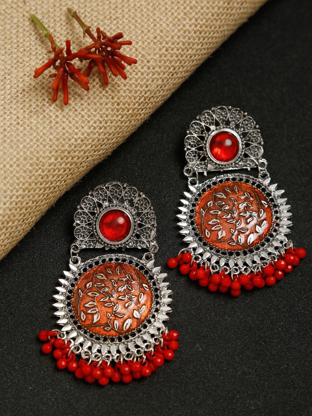 

Dhrohar Red & White Silver-Plated Oxidised Contemporary Drop Earrings