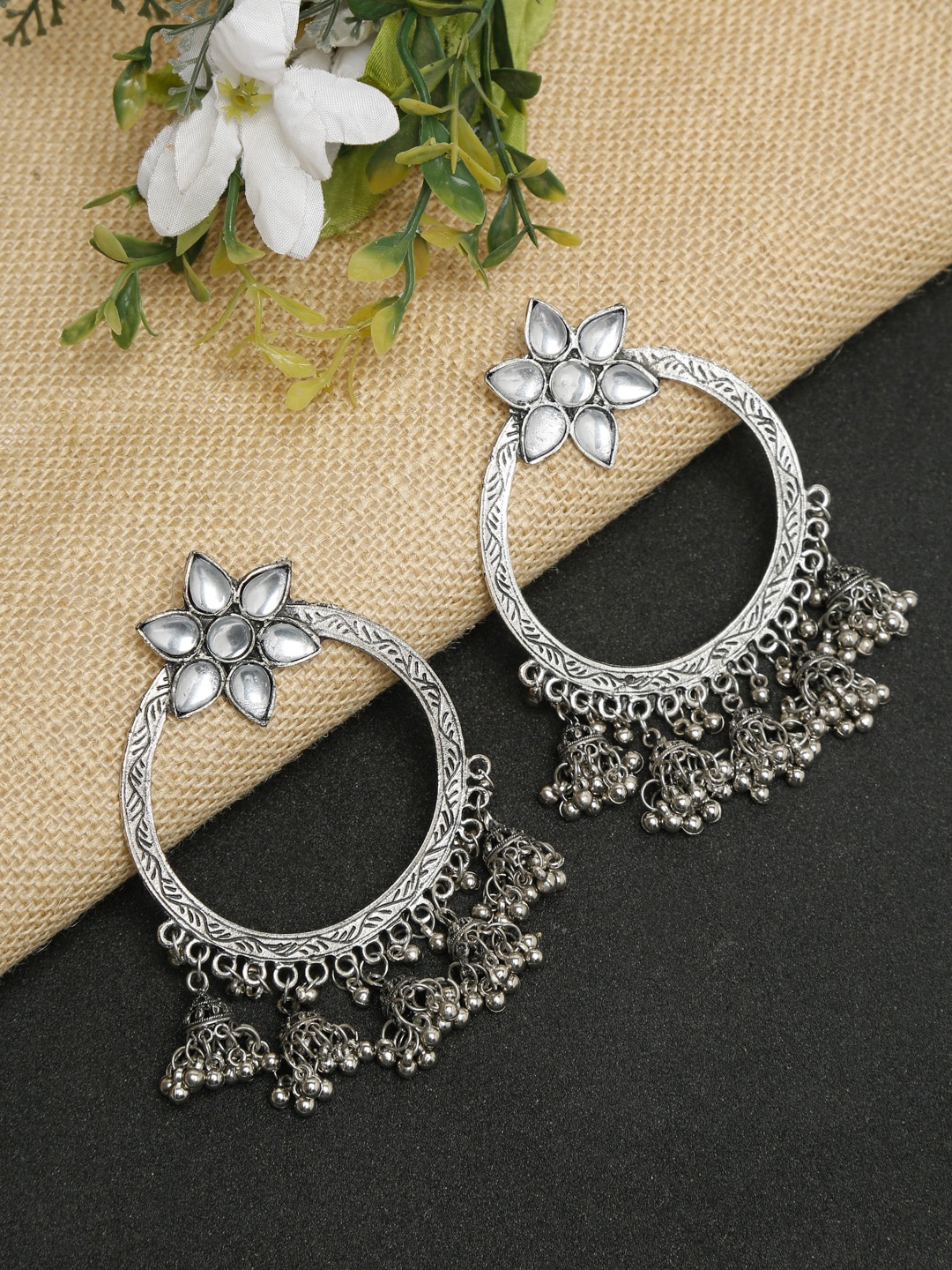

Dhrohar Silver-Plated Oxidised Contemporary Drop Earrings