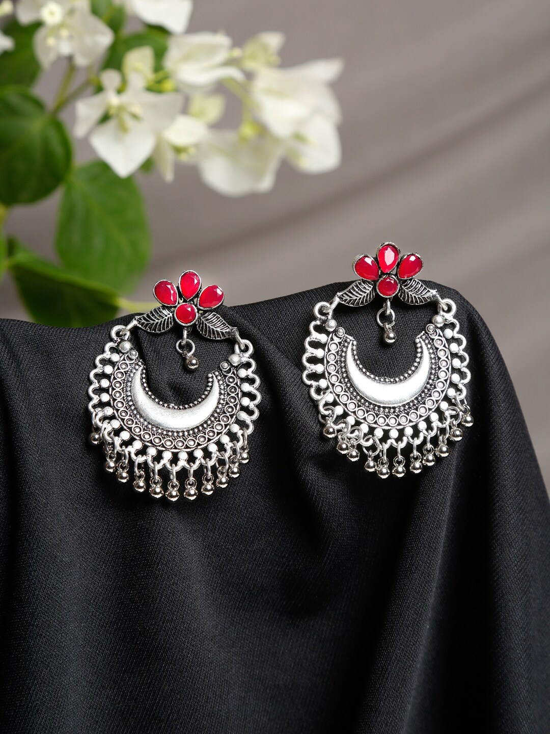 

Dhrohar Pink & Silver-Plated Oxidised Contemporary Chandbalis Earrings