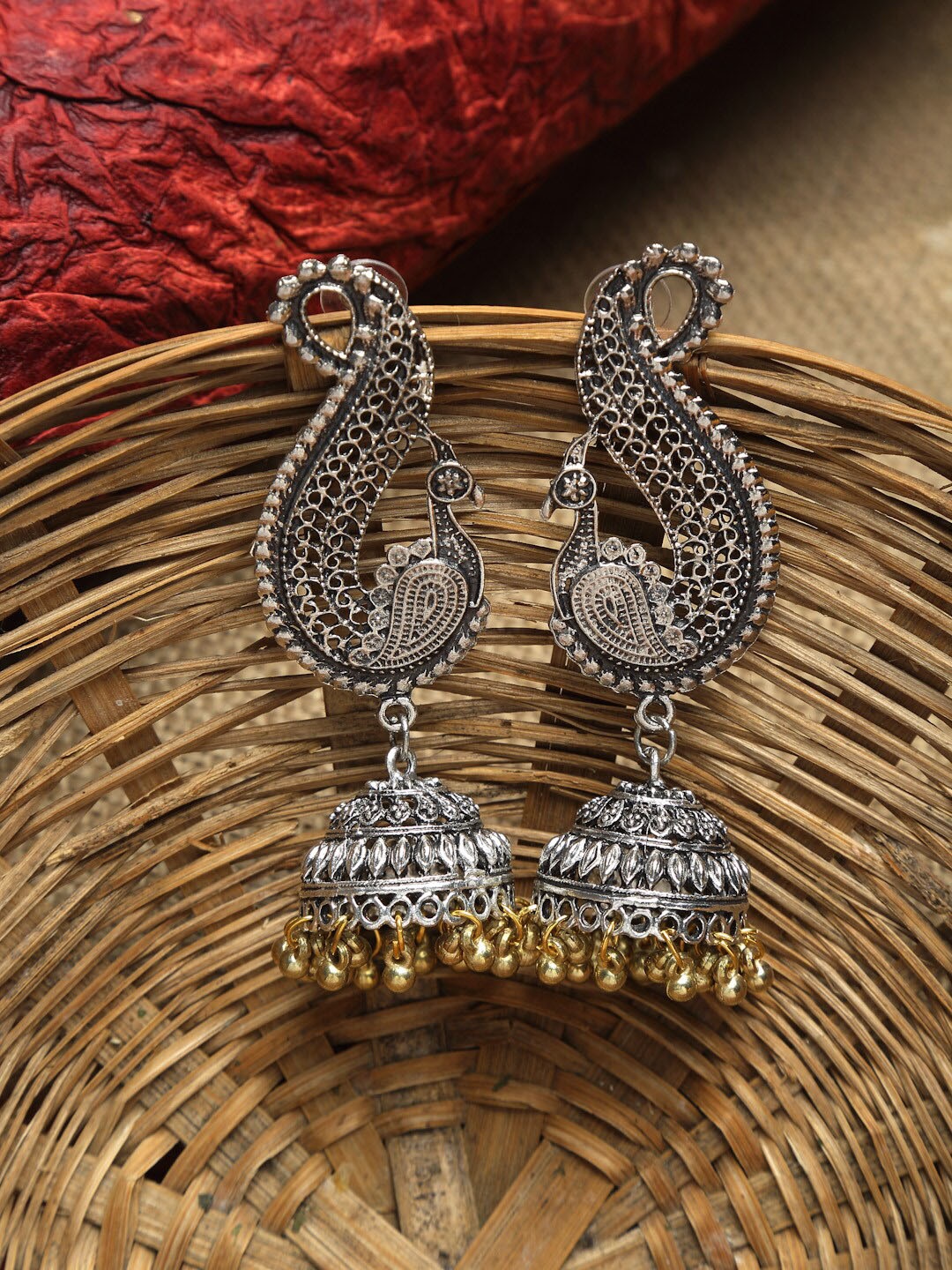 

Dhrohar Gold-Toned & Silver-Plated Oxidised Peacock Shaped Jhumkas Earrings