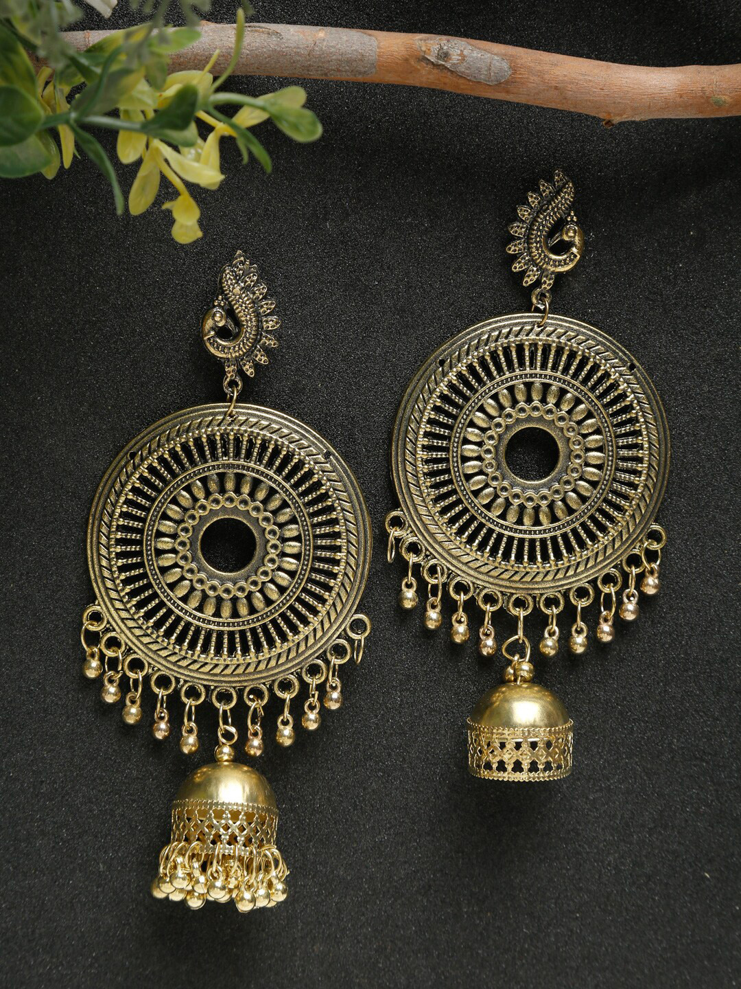 

Dhrohar Gold-Plated Oxidised Peacock Shaped Jhumkas Earrings