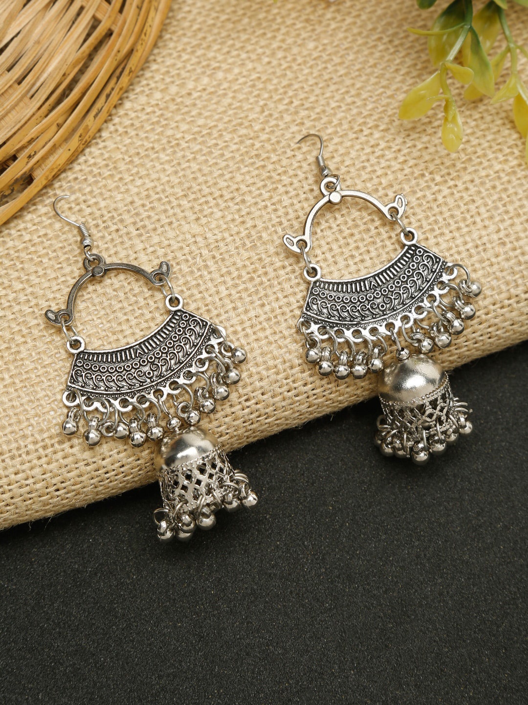

Dhrohar Silver-Plated Oxidised Contemporary Jhumkas Earrings