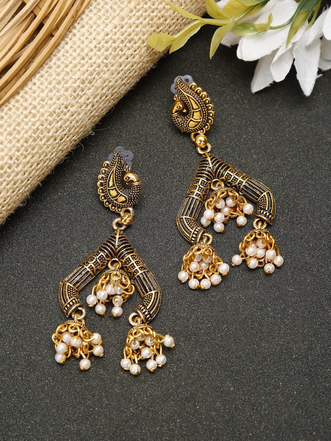 

Dhrohar White & Gold-Plated Contemporary Drop Earrings