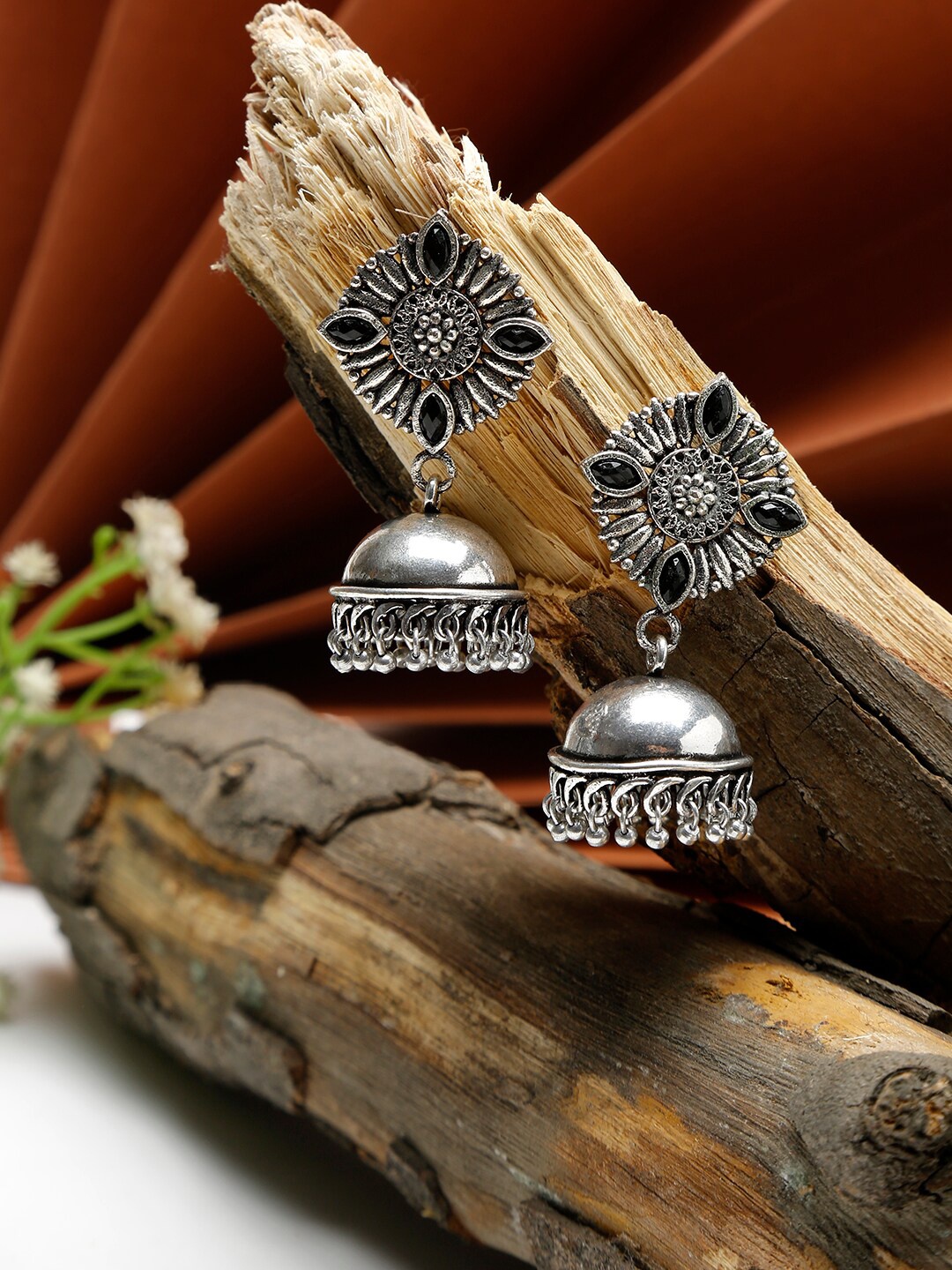 

Dhrohar Black & Silver-Plated Contemporary Jhumkas Earrings