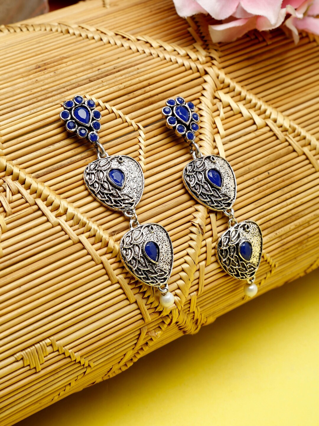 

Dhrohar Blue & Silver-Plated Oxidised Contemporary Drop Earrings