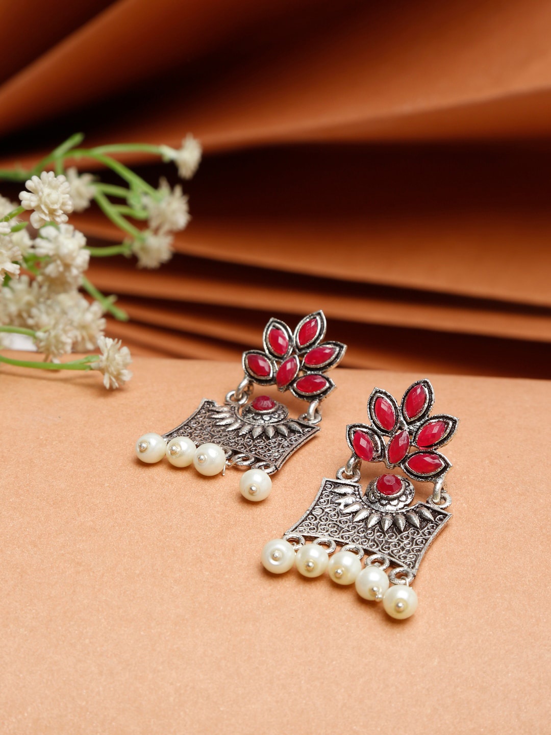 

Dhrohar Pink & White Silver-Plated Oxidised Contemporary Drop Earrings