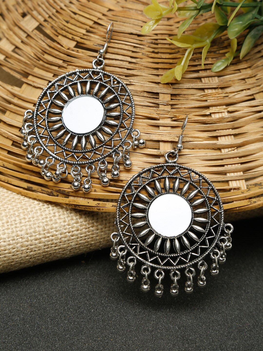 

Dhrohar Silver-Plated Oxidised Mirror Work Contemporary Drop Earrings