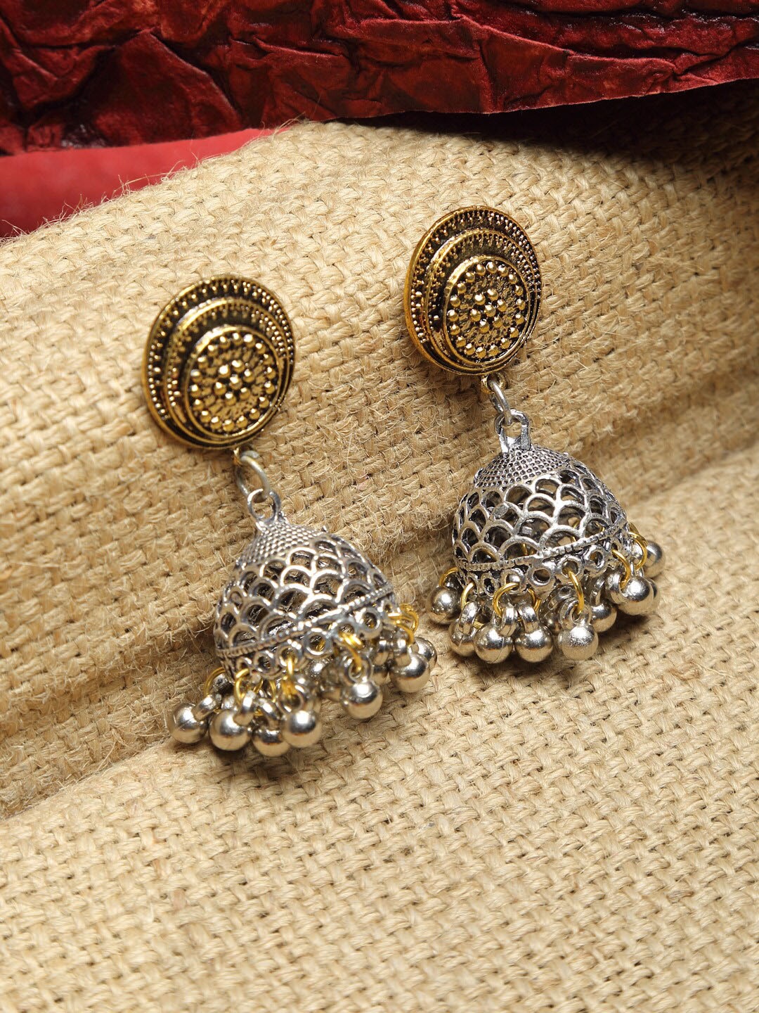 

Dhrohar Gold-Toned & Silver-Plated Oxidised Contemporary Jhumkas Earrings