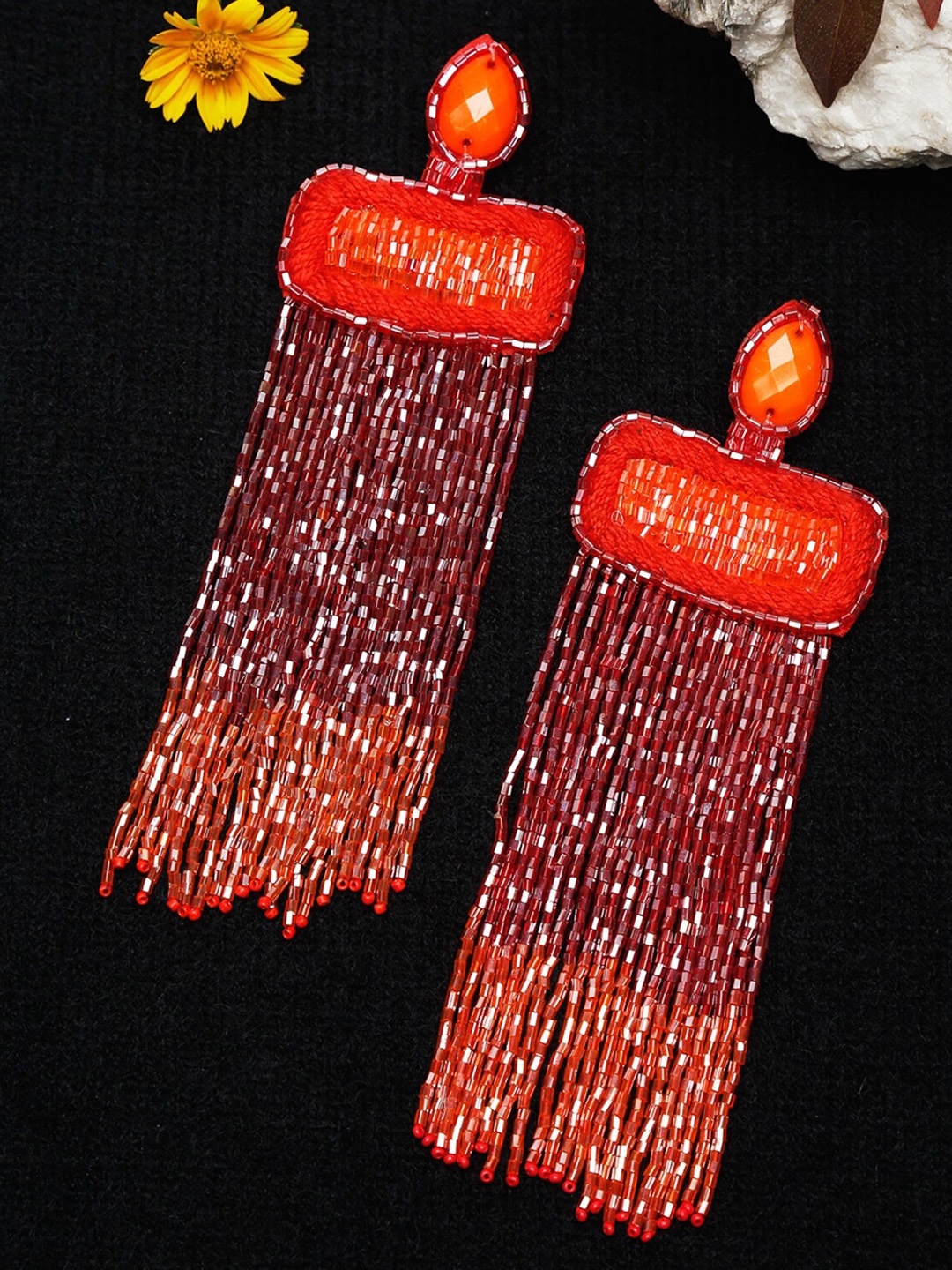 

Dhrohar Red & Orange Beads Tasseled Fabric Contemporary Drop Earrings