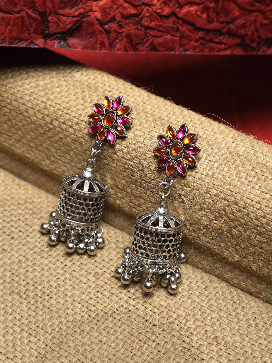 

Dhrohar Pink & Orange Silver-Plated Oxidised Dome Shaped Jhumkas Earrings