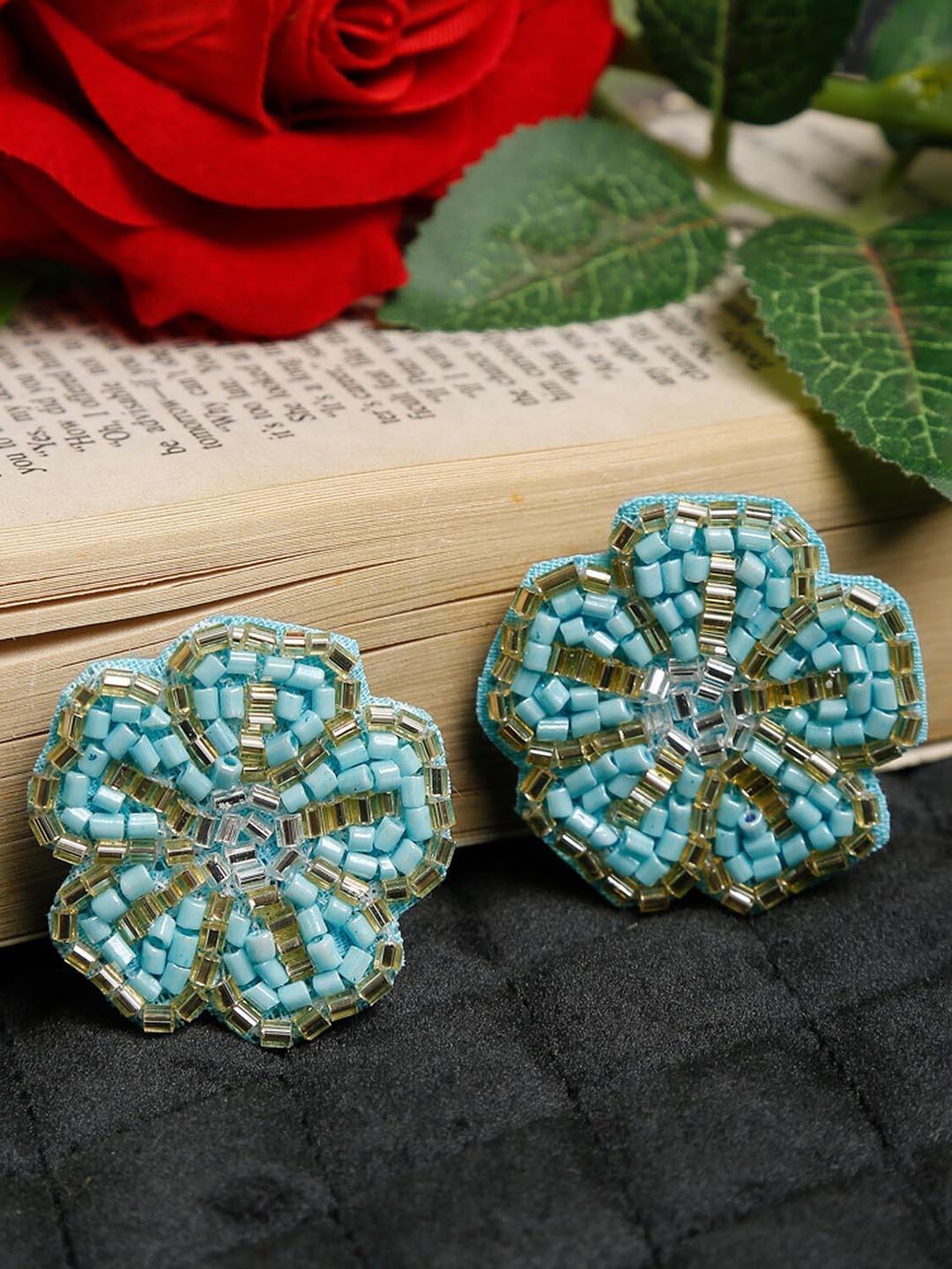 

Dhrohar Blue & Gold-Toned Fabric Beaded Floral Studs Earrings