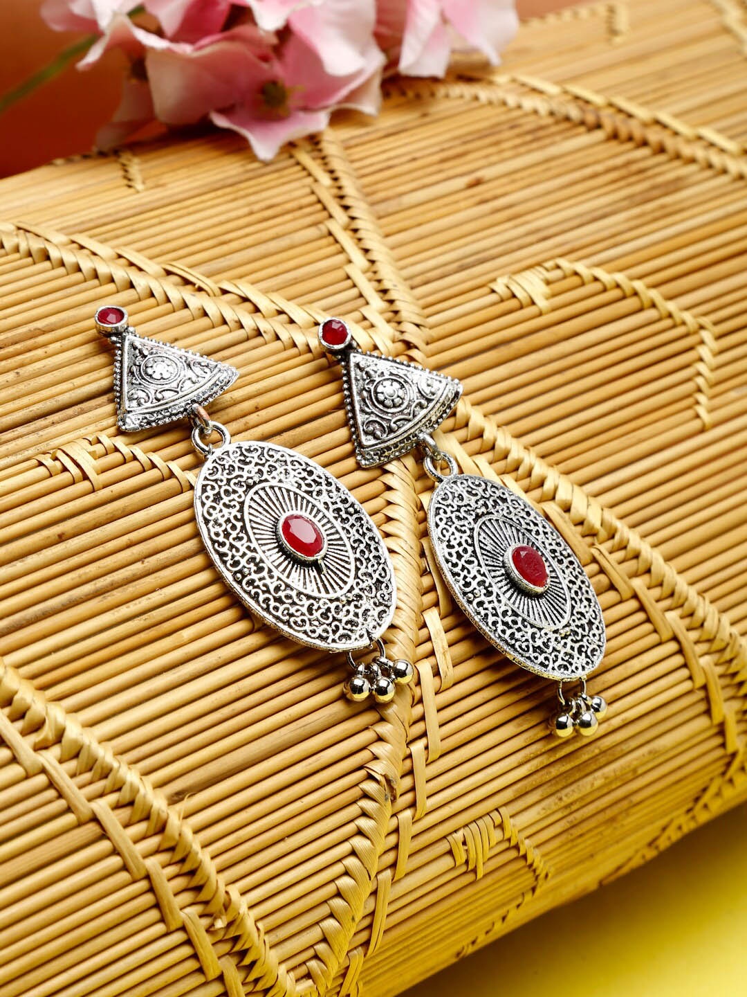 

Dhrohar Pink & Silver-Plated Oxidised Geometric Drop Earrings
