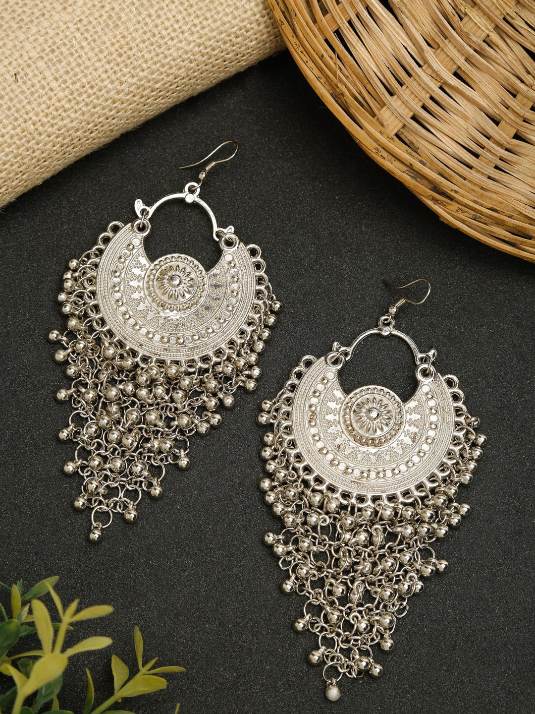 

Dhrohar Silver-Plated Oxidised Contemporary Chandbalis Earrings