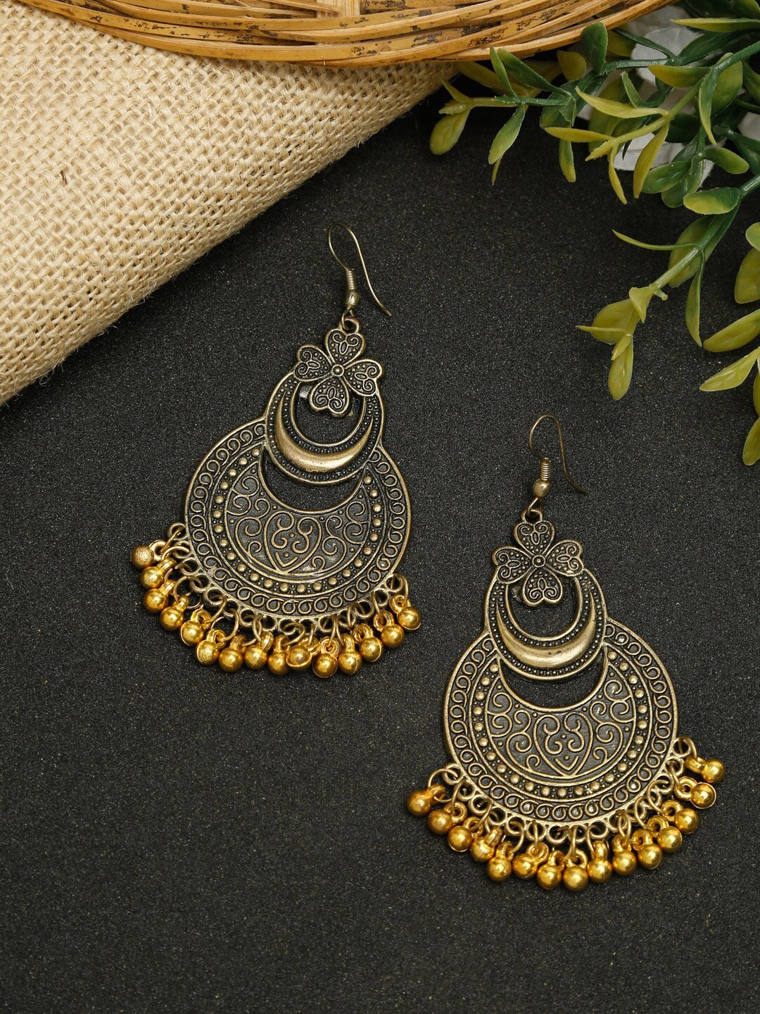 

Dhrohar Gold-Plated Oxidised Contemporary Drop Earrings