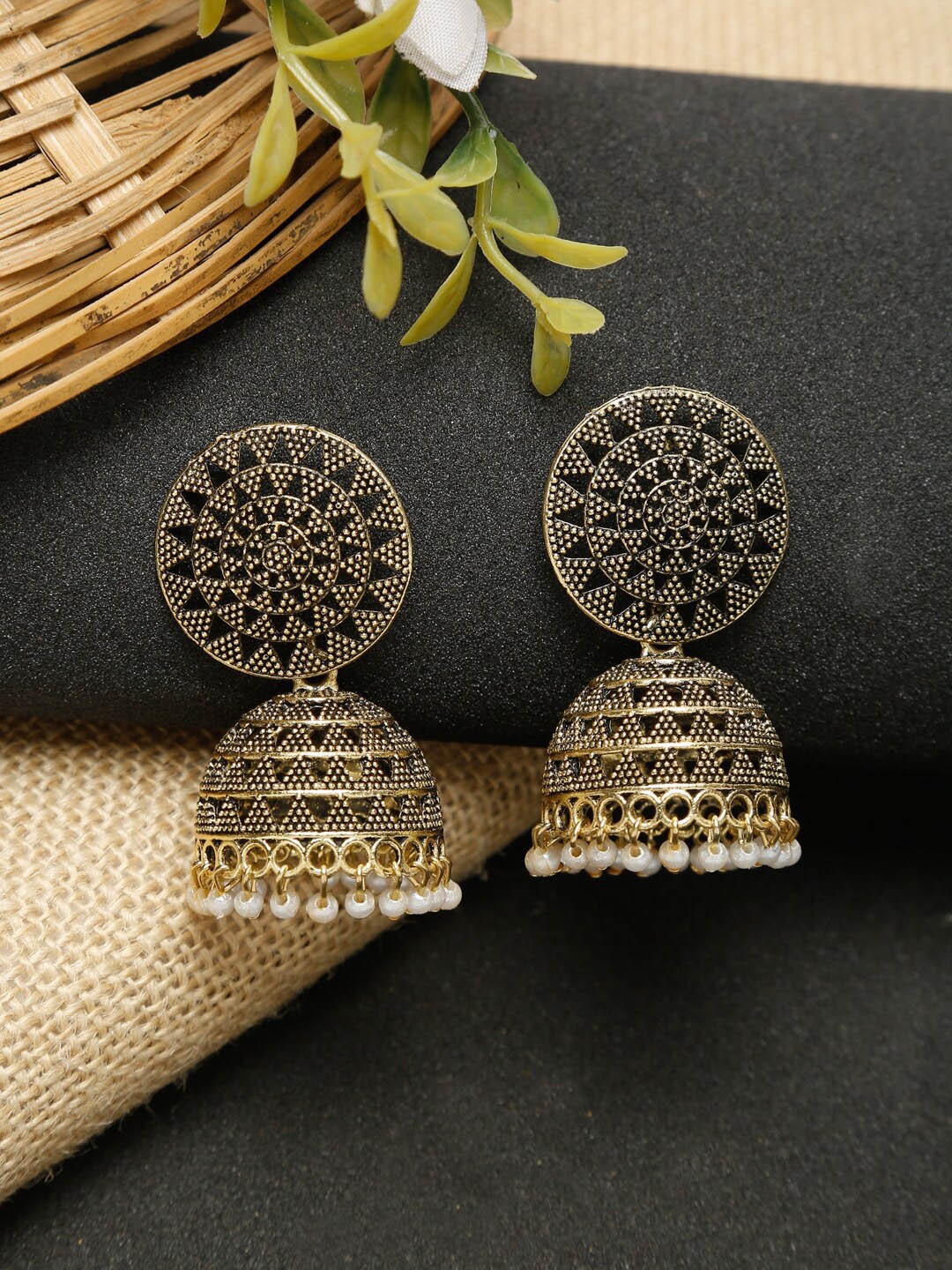 

Dhrohar White & Gold-Plated Oxidised Contemporary Jhumkas Earrings