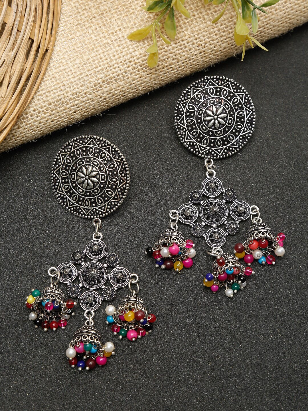 

Dhrohar Blue & Pink Silver-Plated Contemporary Jhumkas Earrings