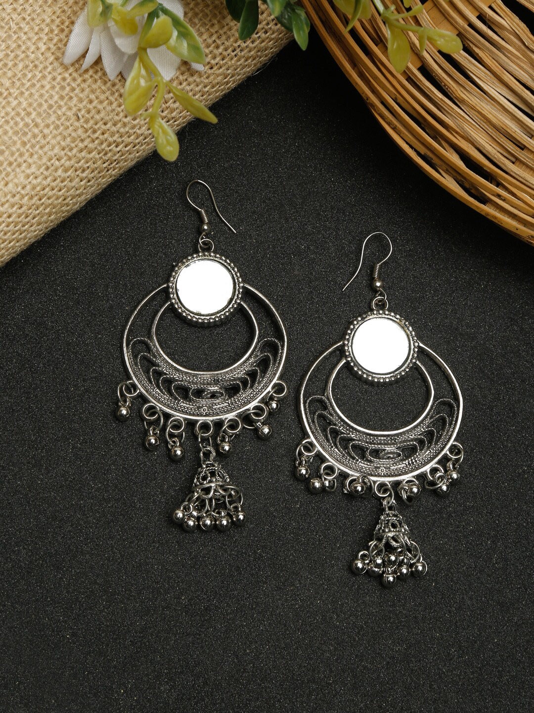 

Dhrohar Silver-Plated Oxidised Mirror Work Contemporary Drop Earrings