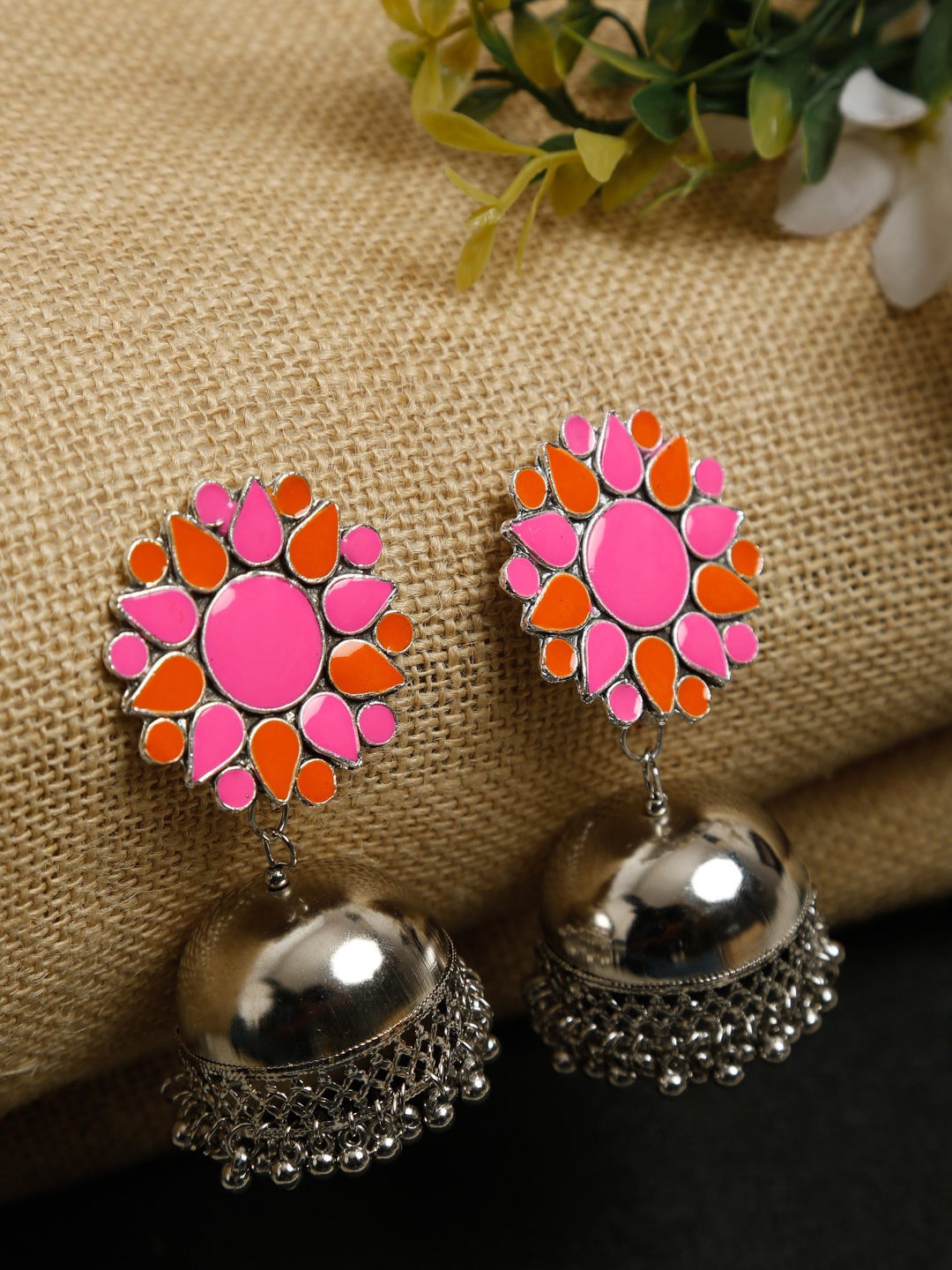 

Dhrohar Pink & Red Silver-Plated Oxidised Floral Jhumkas Earrings