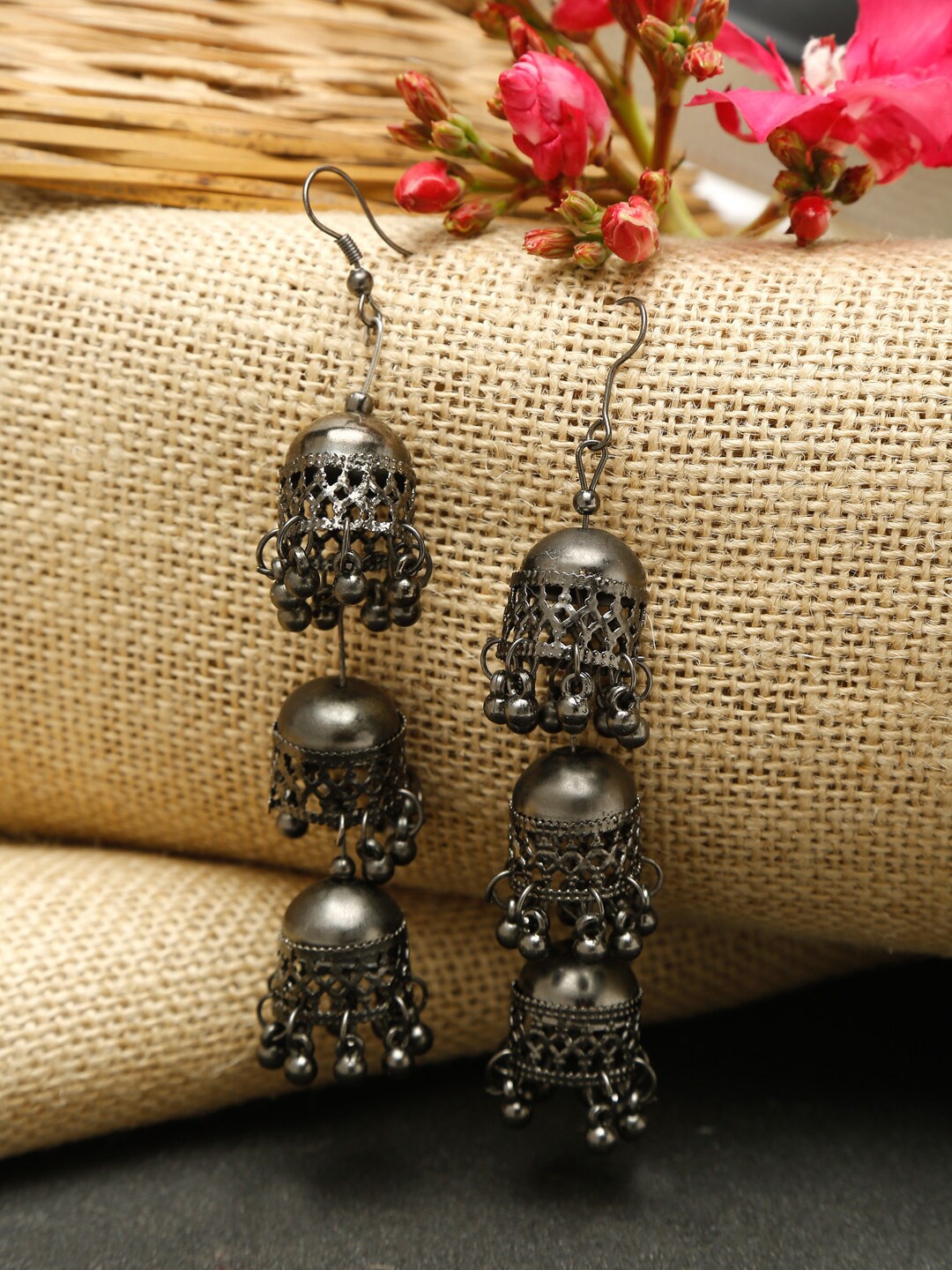 

Dhrohar Silver-Plated Oxidised Dome Shaped Jhumkas Earrings