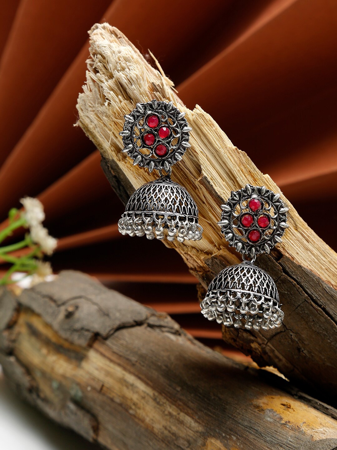 

Dhrohar Red & Silver-Plated Oxidised Contemporary Jhumkas Earrings