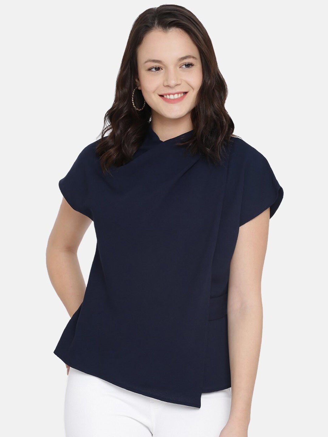 

HERE&NOW Women Blue Cowl Neck Extended Sleeves Top