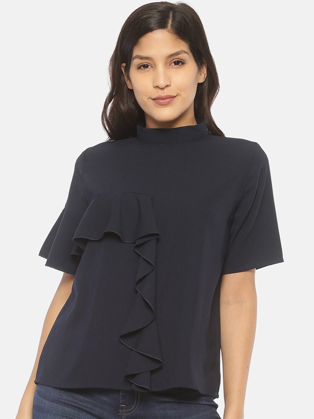 

HERE&NOW Navy Blue Solid High Neck Ruffle Top